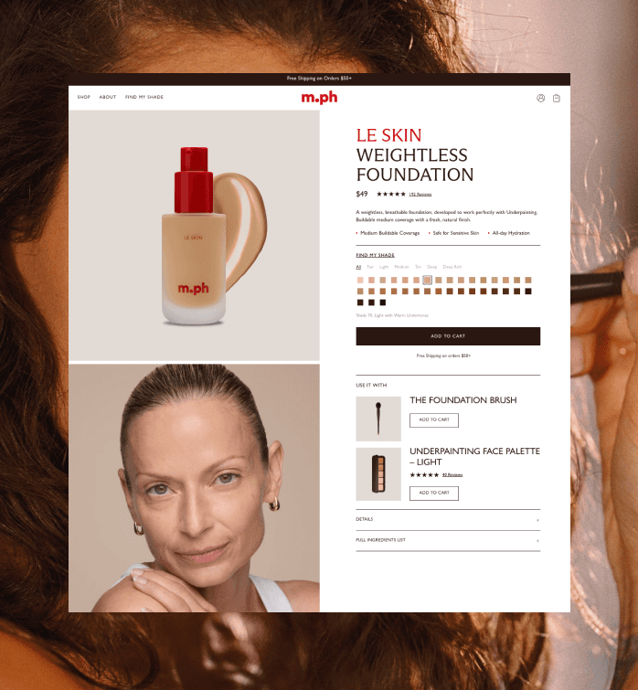 m.ph beauty Shopify product detail page featuring foundation shade selection