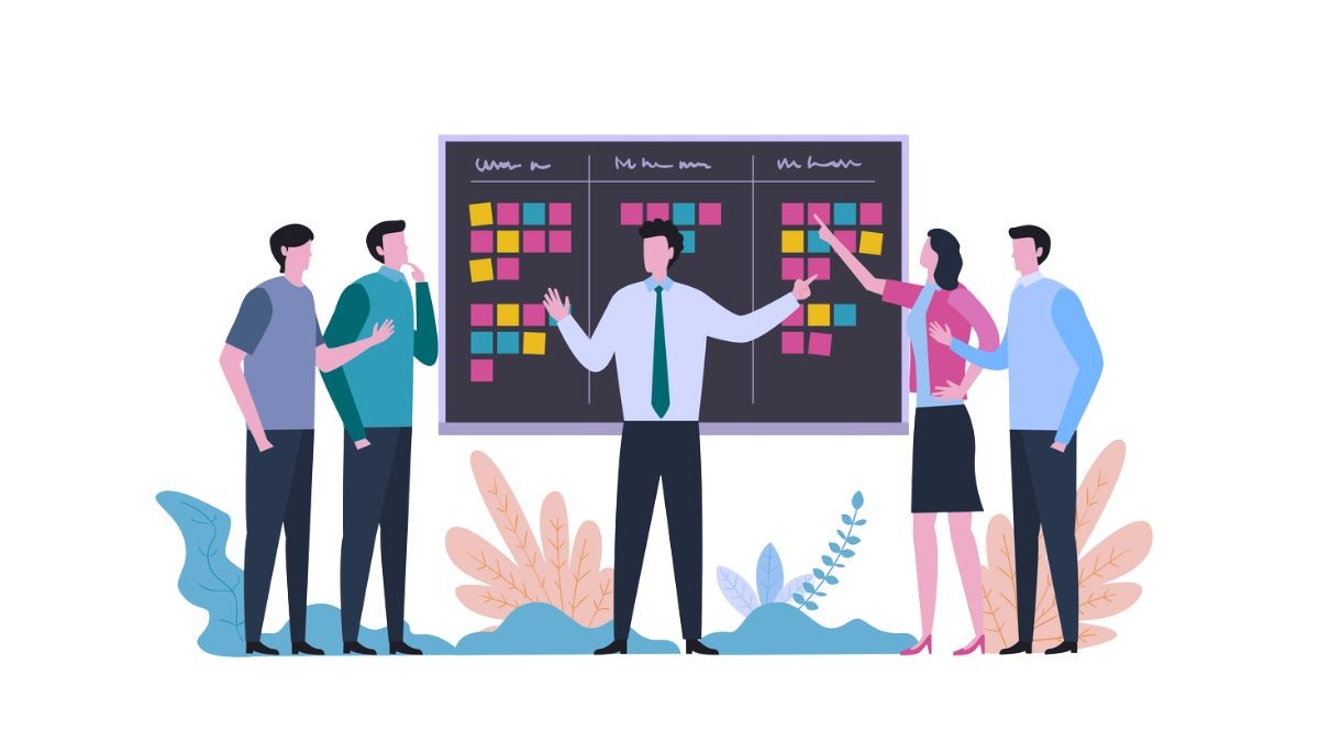 Illustration of five people gathered around a large planning board covered in colorful sticky notes, with one person leading the discussion and another pointing at the board.