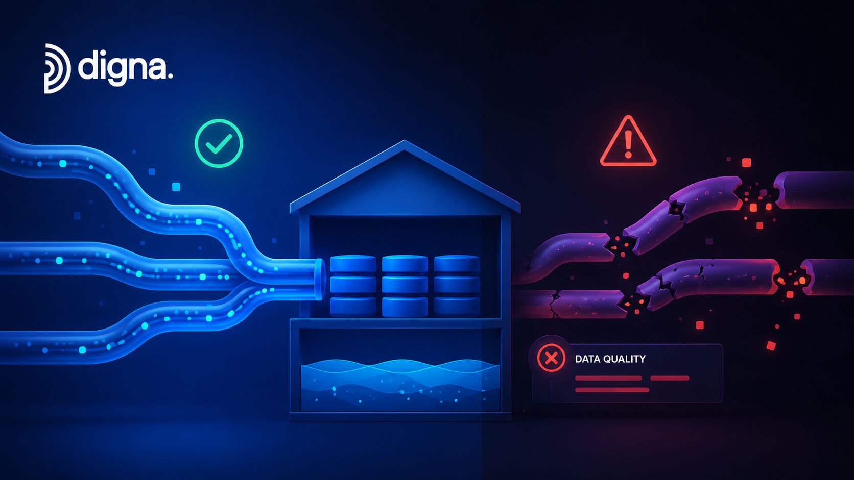 A digital illustration showing healthy blue data pipelines entering a house, with broken red pipelines signaling data quality issues.