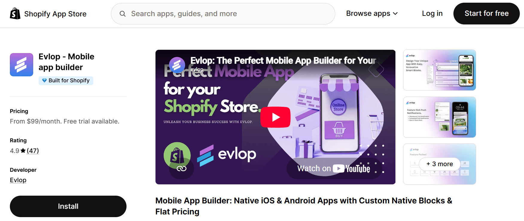 Evlop Shopify mobile app builder interface