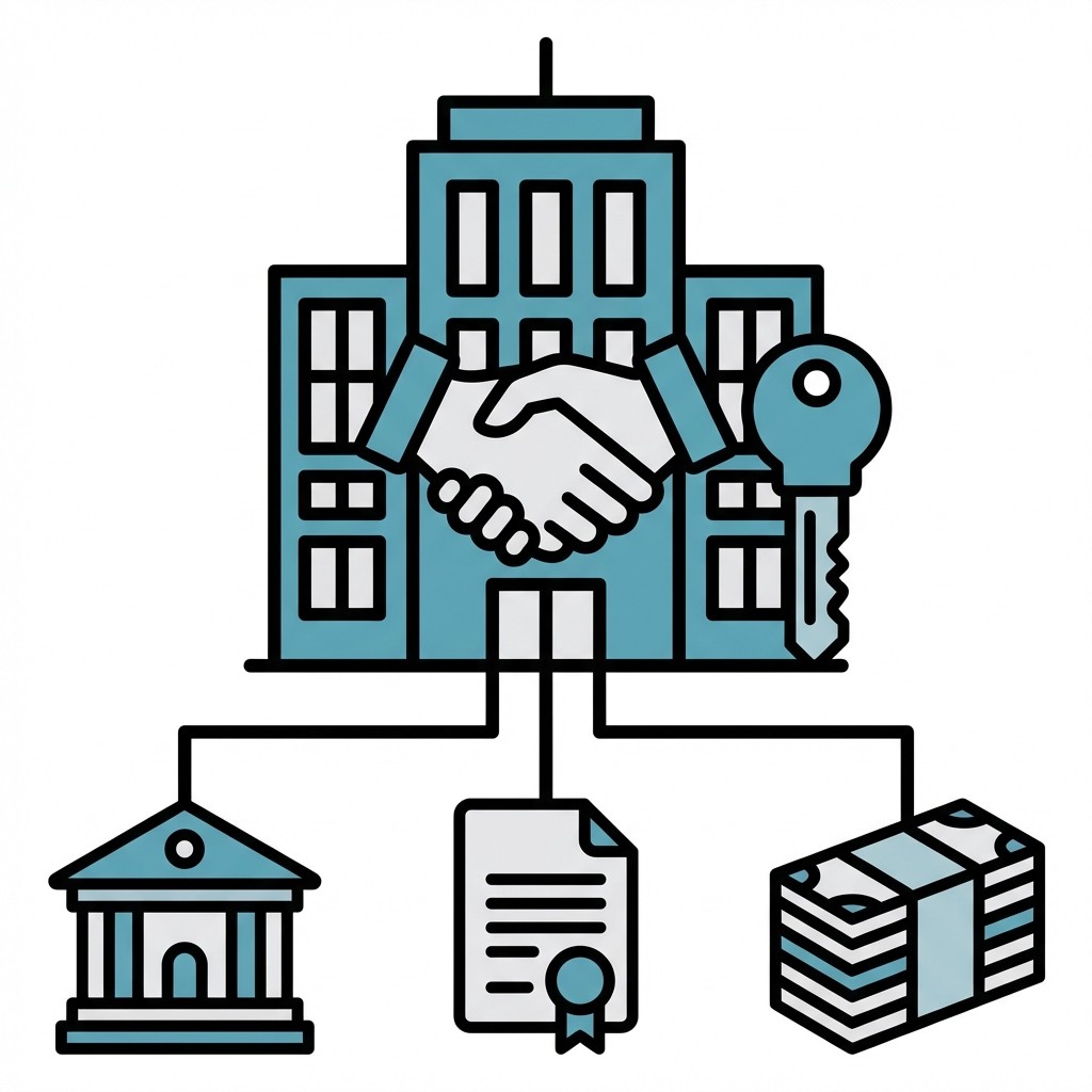 Illustration eines Handschlags über einer Fabrik mit Schlüssel und Münzen, symbolisiert Firmenkauf oder Investition.