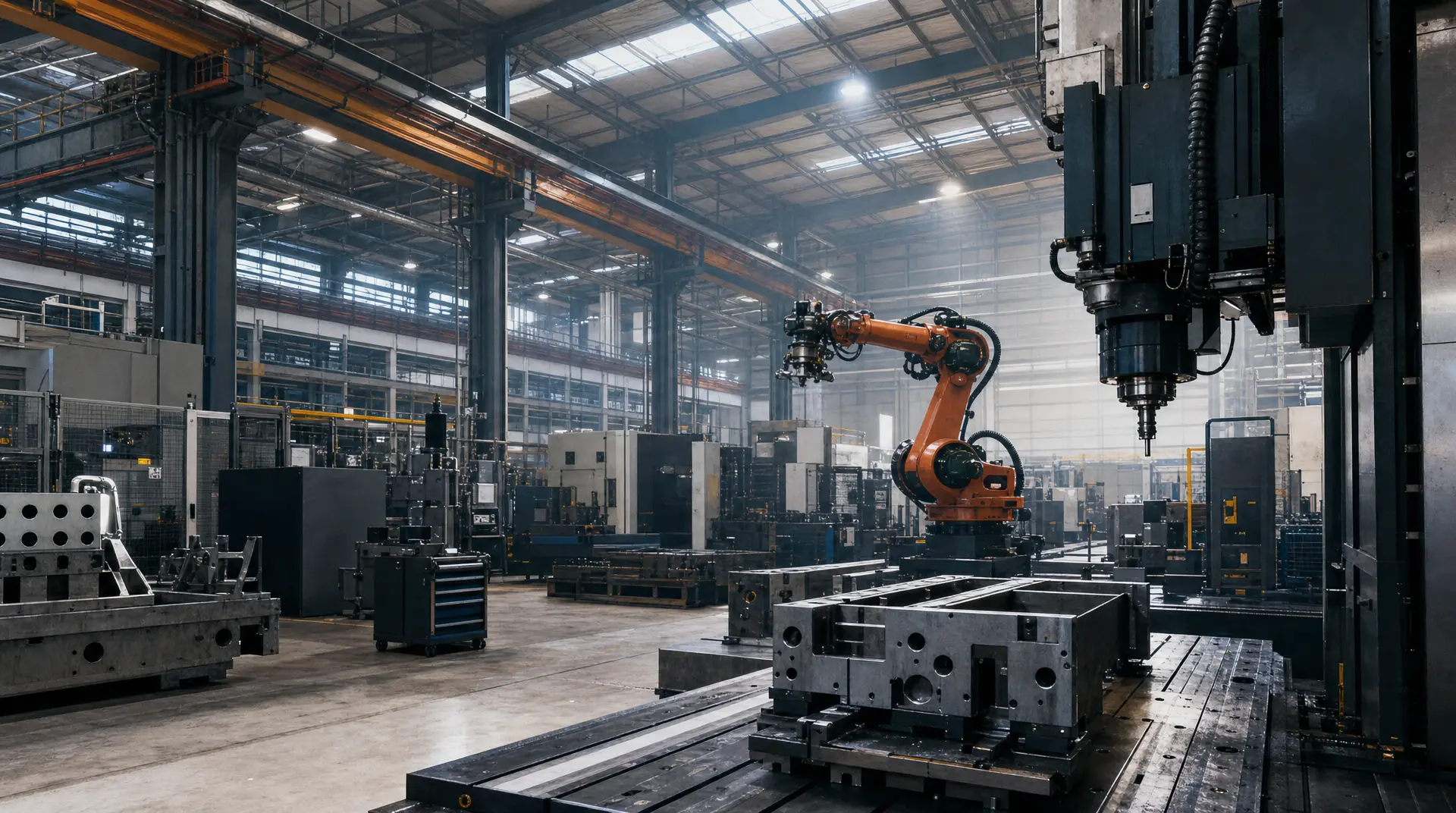 Industrial workshop with a large orange robotic arm operating around metal components and workstations, supporting robotics branding and manufacturing video marketing storytelling.