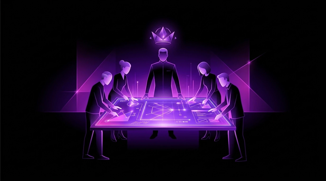 Senior-Level In-house Execution — A minimal vector illustration of an elite internal digital team gathered around a glowing interface table, with electric violet and magenta accents on a deep black background, symbolizing experienced in-house execution and leadership.