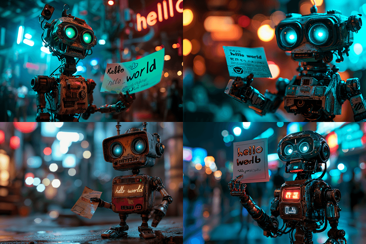 a realistic cute robot holding up a piece of paper with the words "hello world" on it