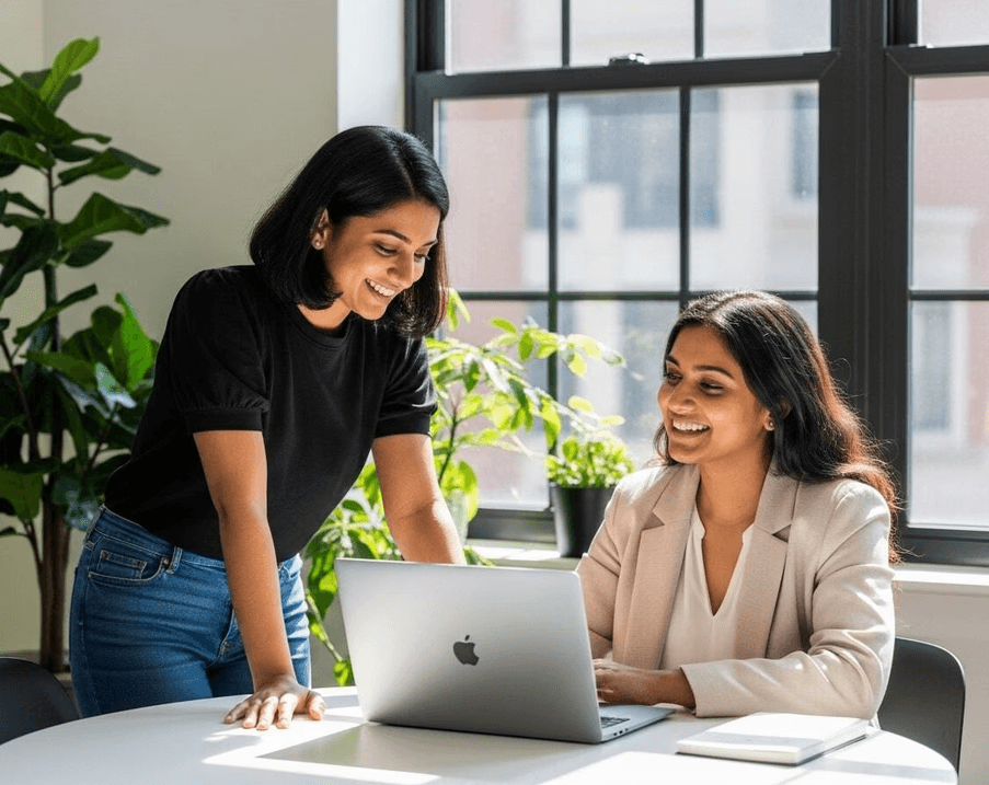 Two people setting access roles for team members while configuring their workspace