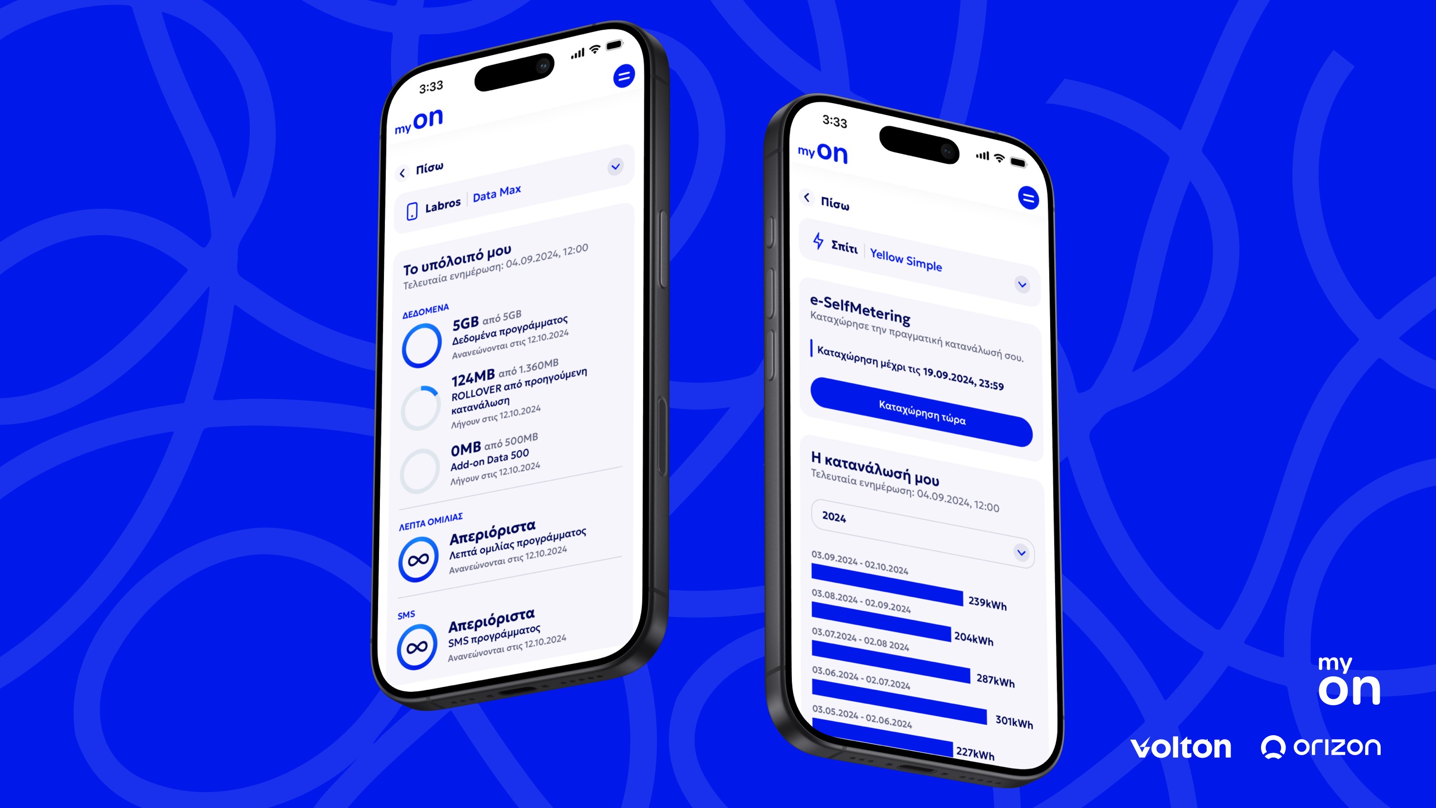 Volton myON mobile app showing mobile and energy connection details