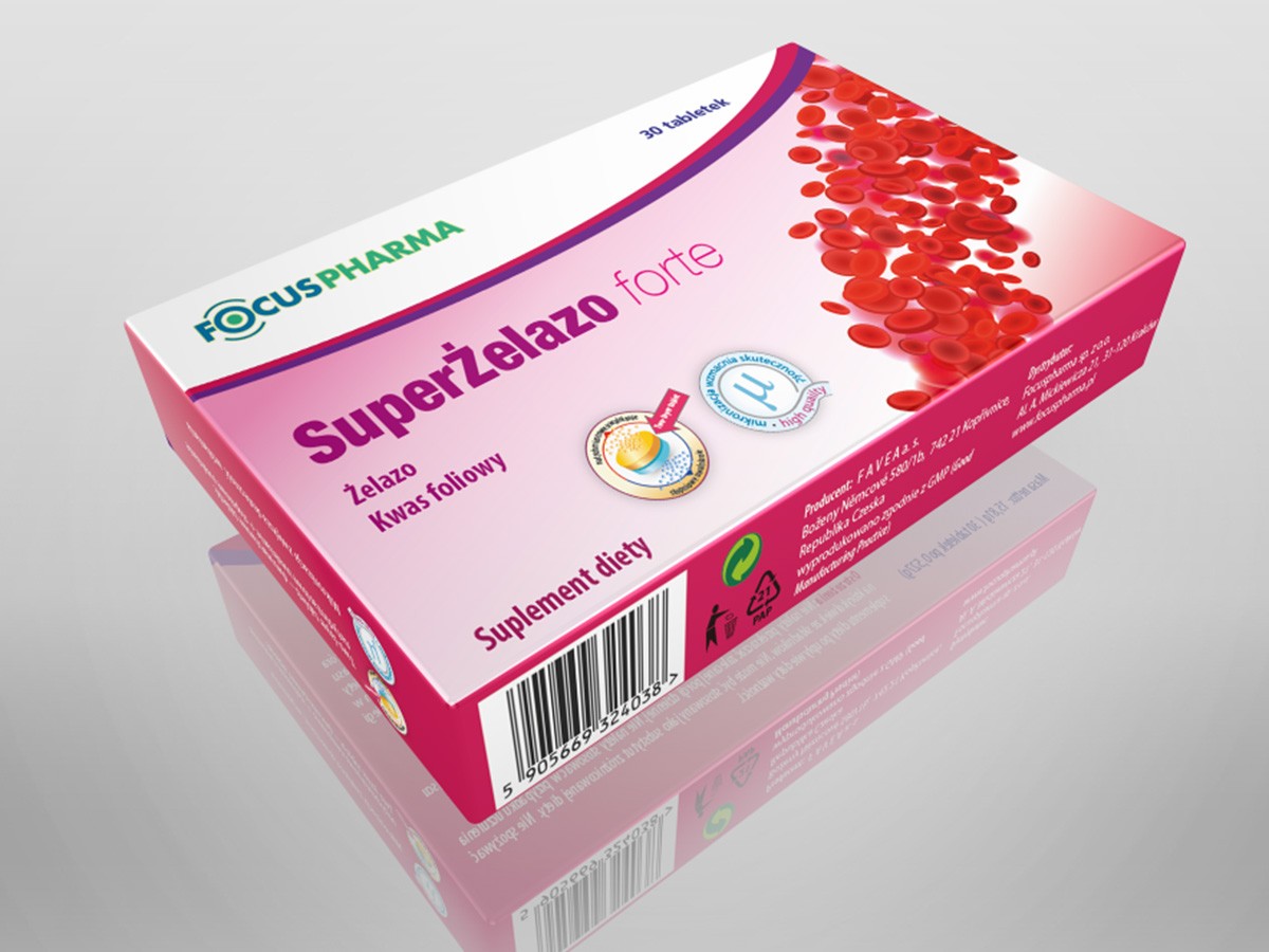 The image depicts a box of "Super Żelazo (Iron Forte)" dietary supplement by Focuspharma, featuring vibrant red blood cells and nutritional information on a sleek pink and white packaging design.