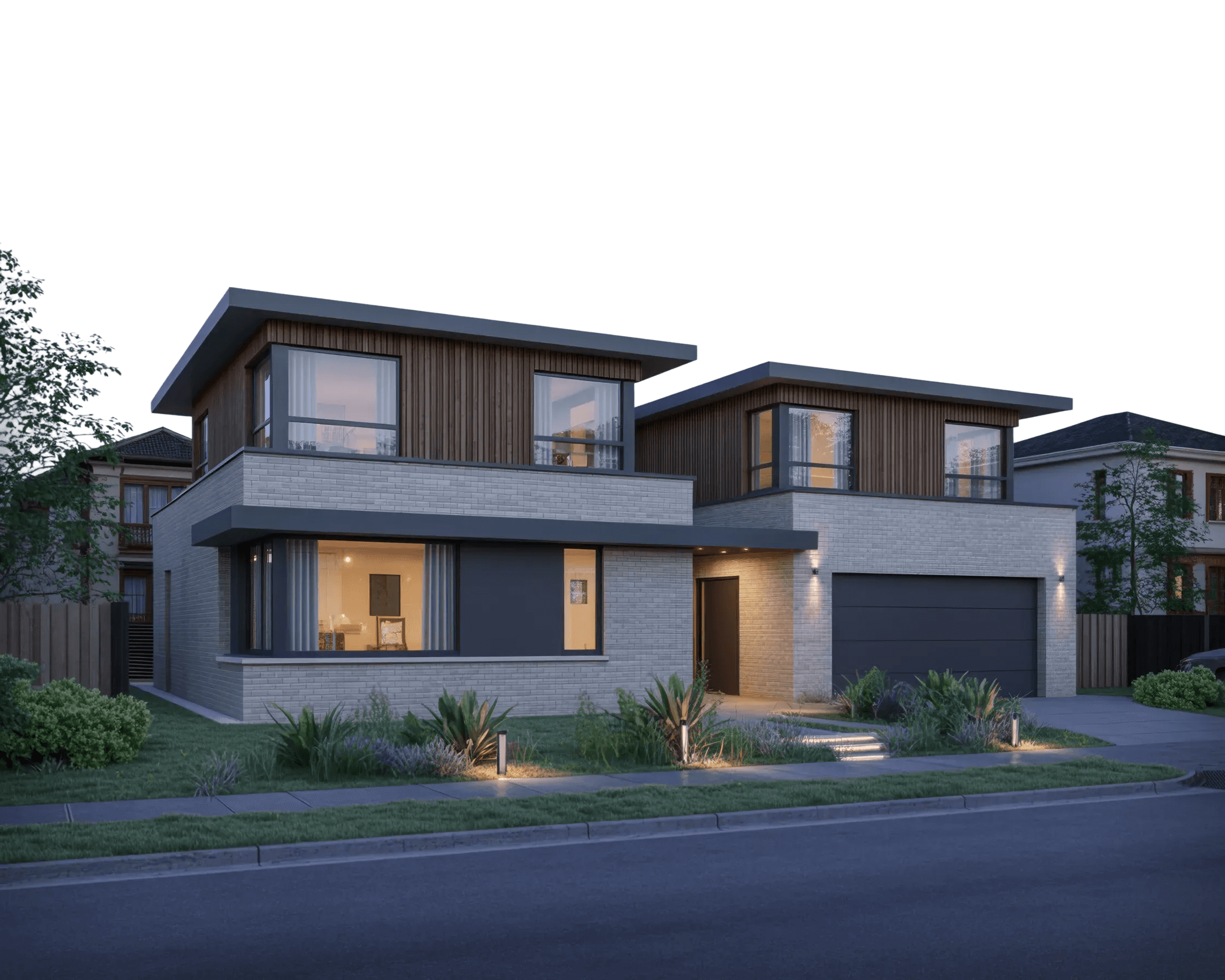 Modern brick and wood exterior of a two-story home at dusk with illuminated landscaping and a two-car garage.