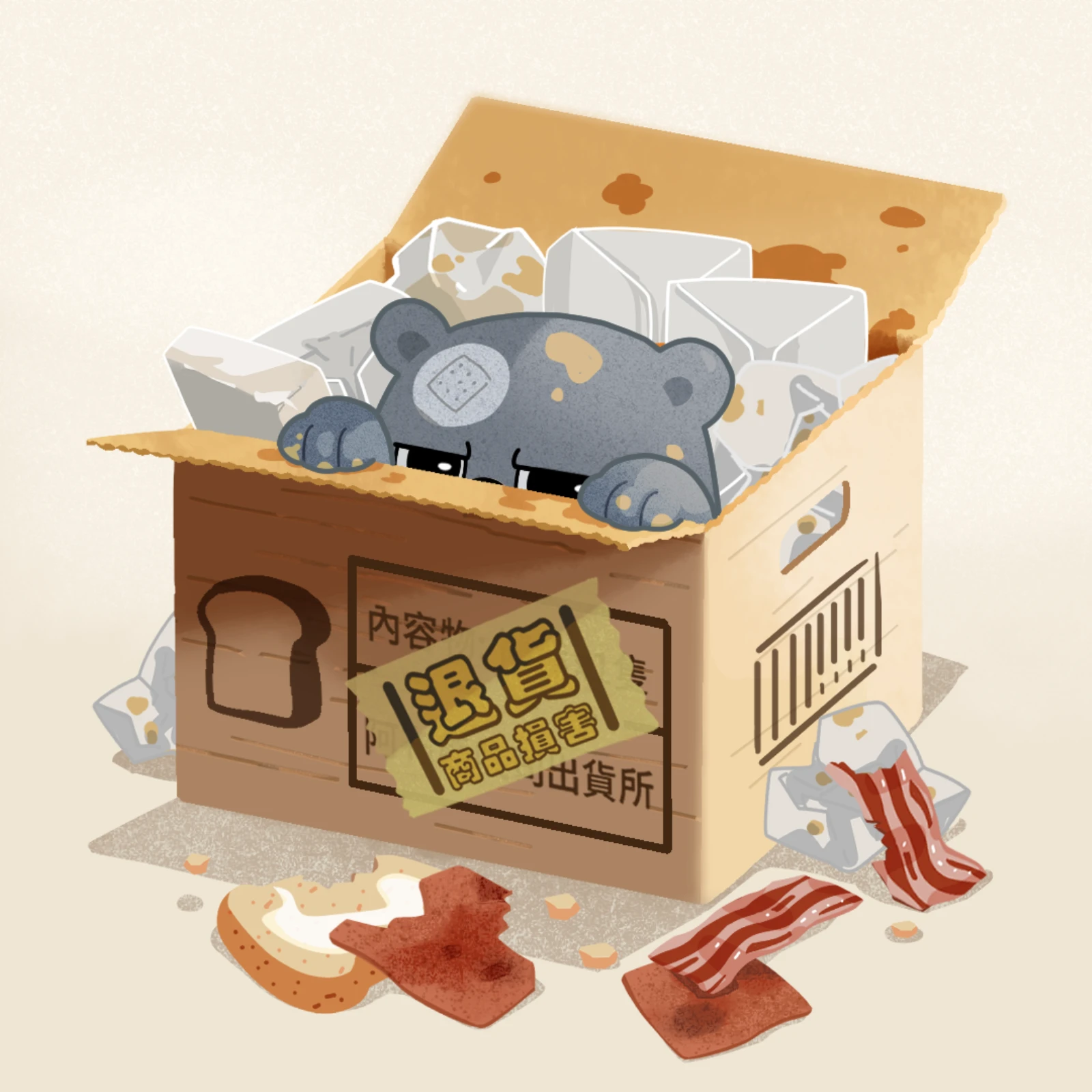 阿布熊躲在紙箱裡的可愛插圖