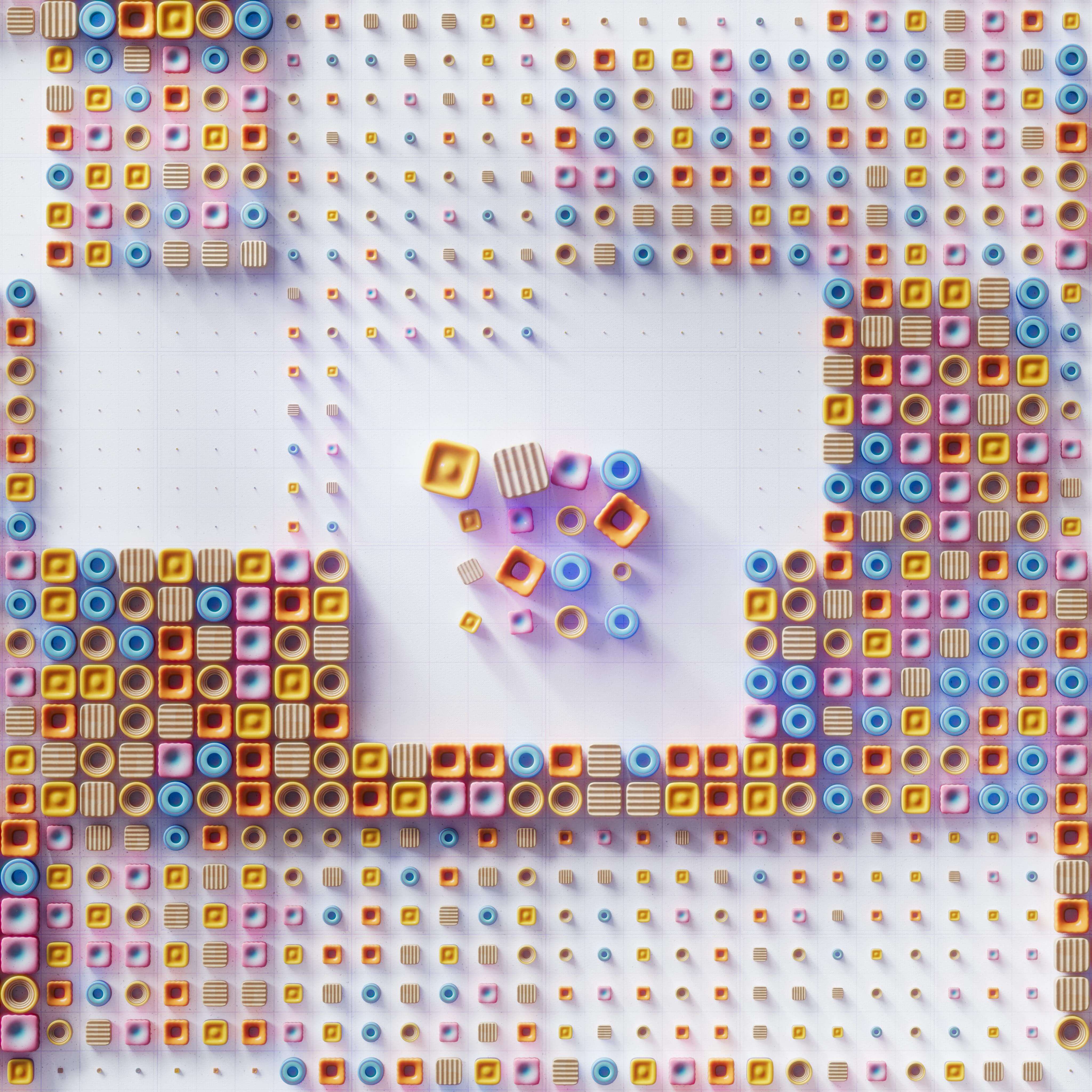 Farbige geometrische Formen in Gitteranordnung, bestehend aus Würfeln, Ringen und Zylindern in Gelb, Blau, Rosa und Beige, in einer abstrakten 3D-Darstellung.