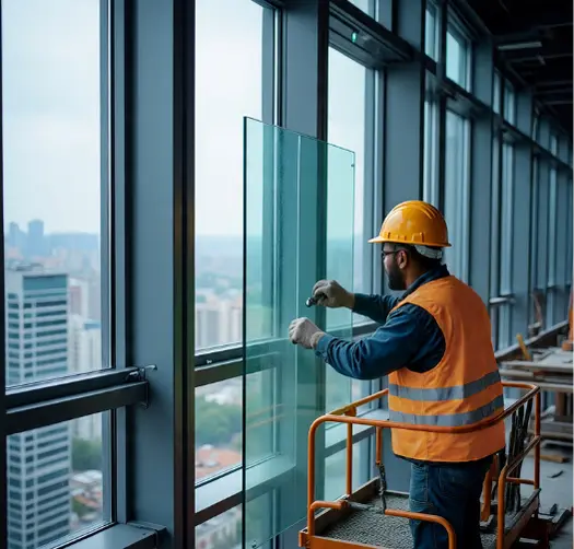 Construction worker fitting glass onto a large skyscraper