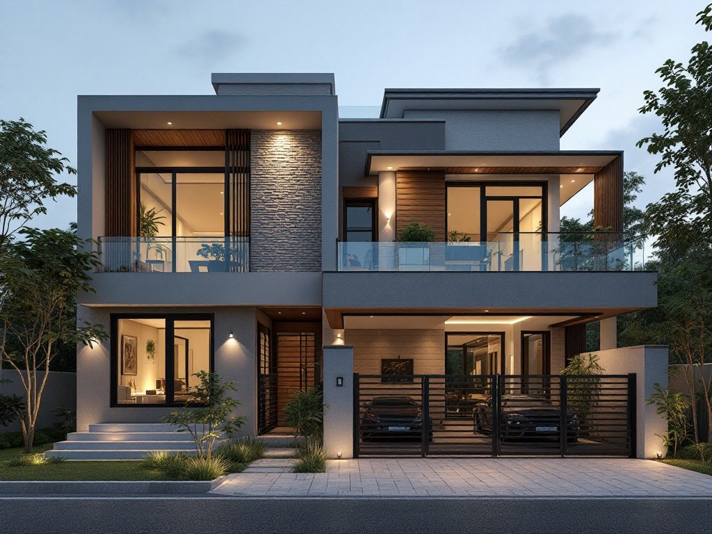 Image of a modern two-story house at night