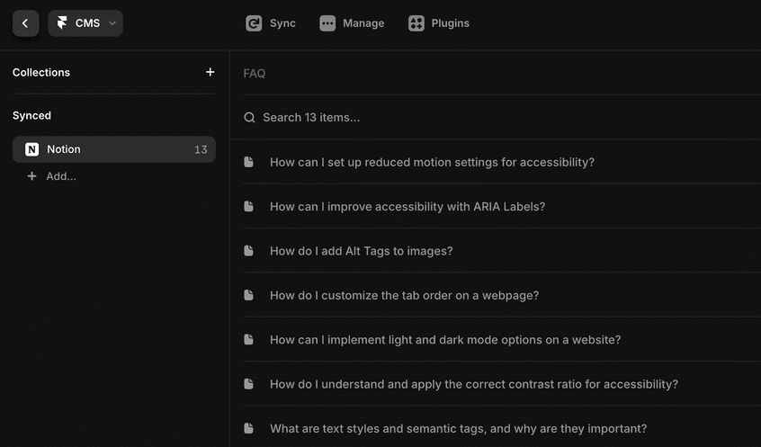 Google Sheets plugin in Framer CMS
