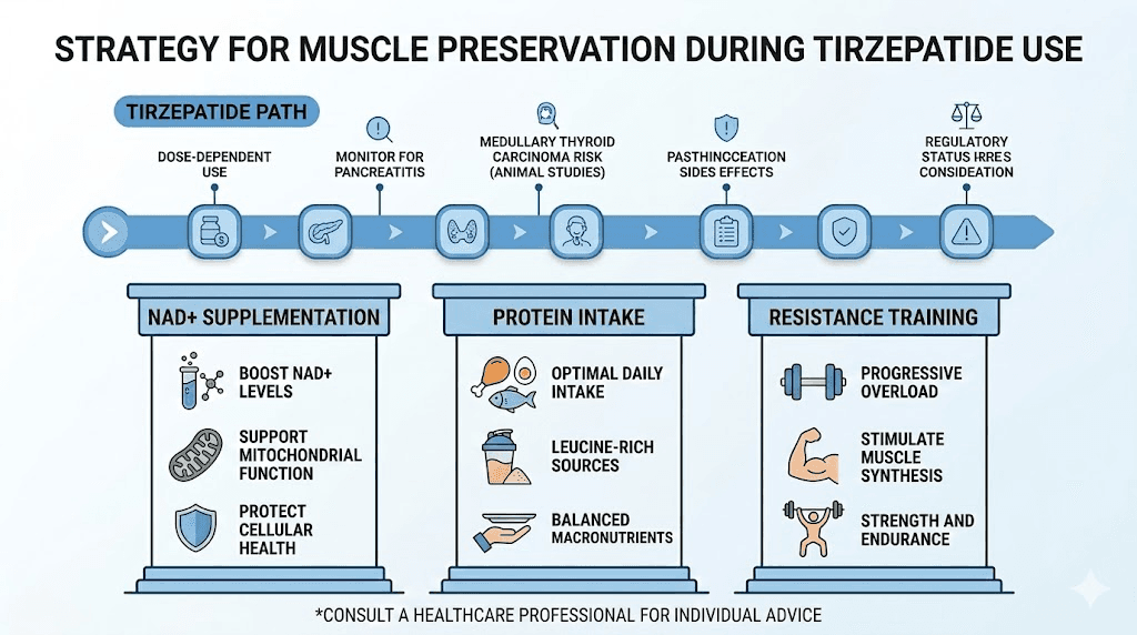Muscle preservation strategy combining NAD+ with tirzepatide protein and exercise