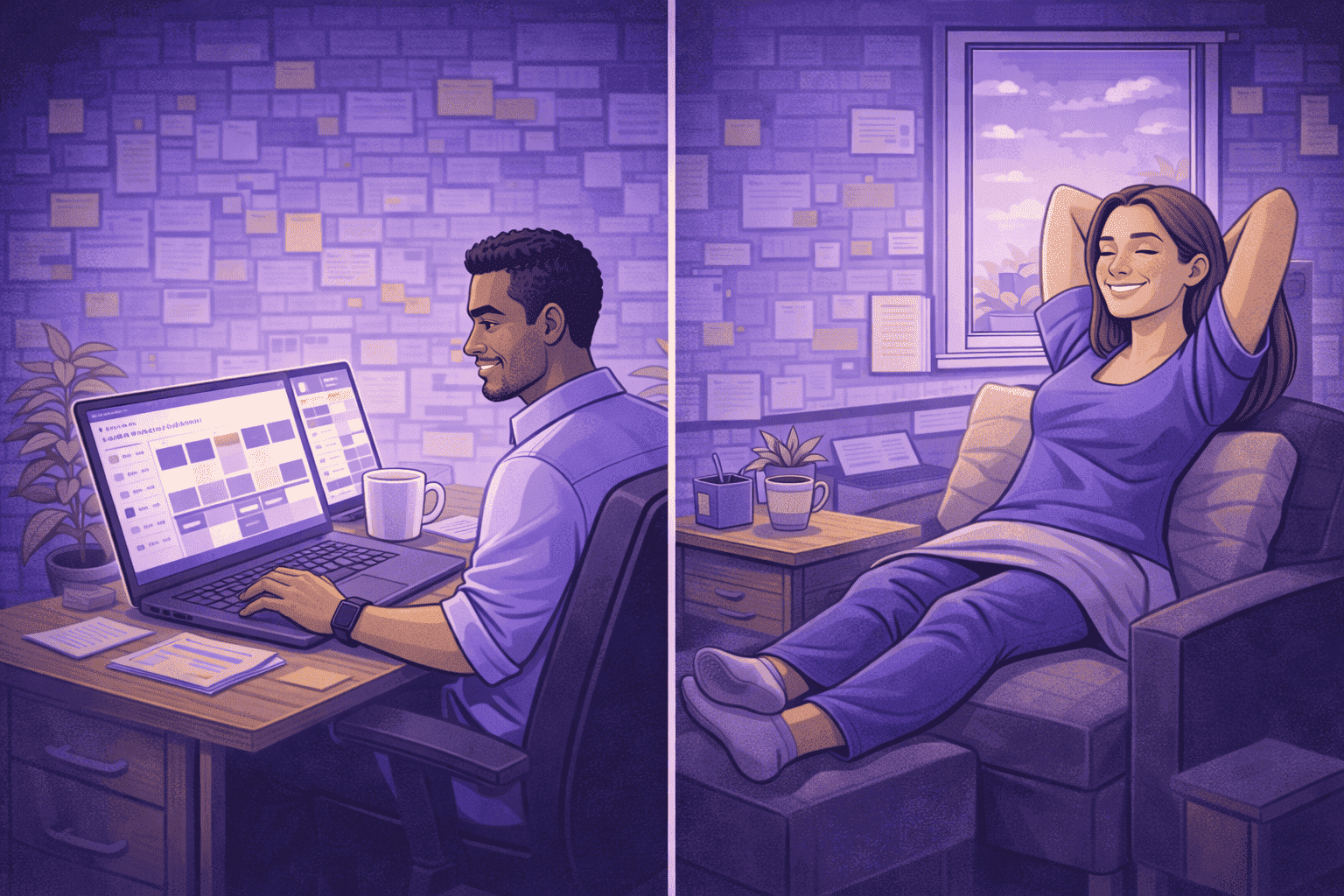 Remote worker balancing focused work and rest in a structured workday with an organized home office setup