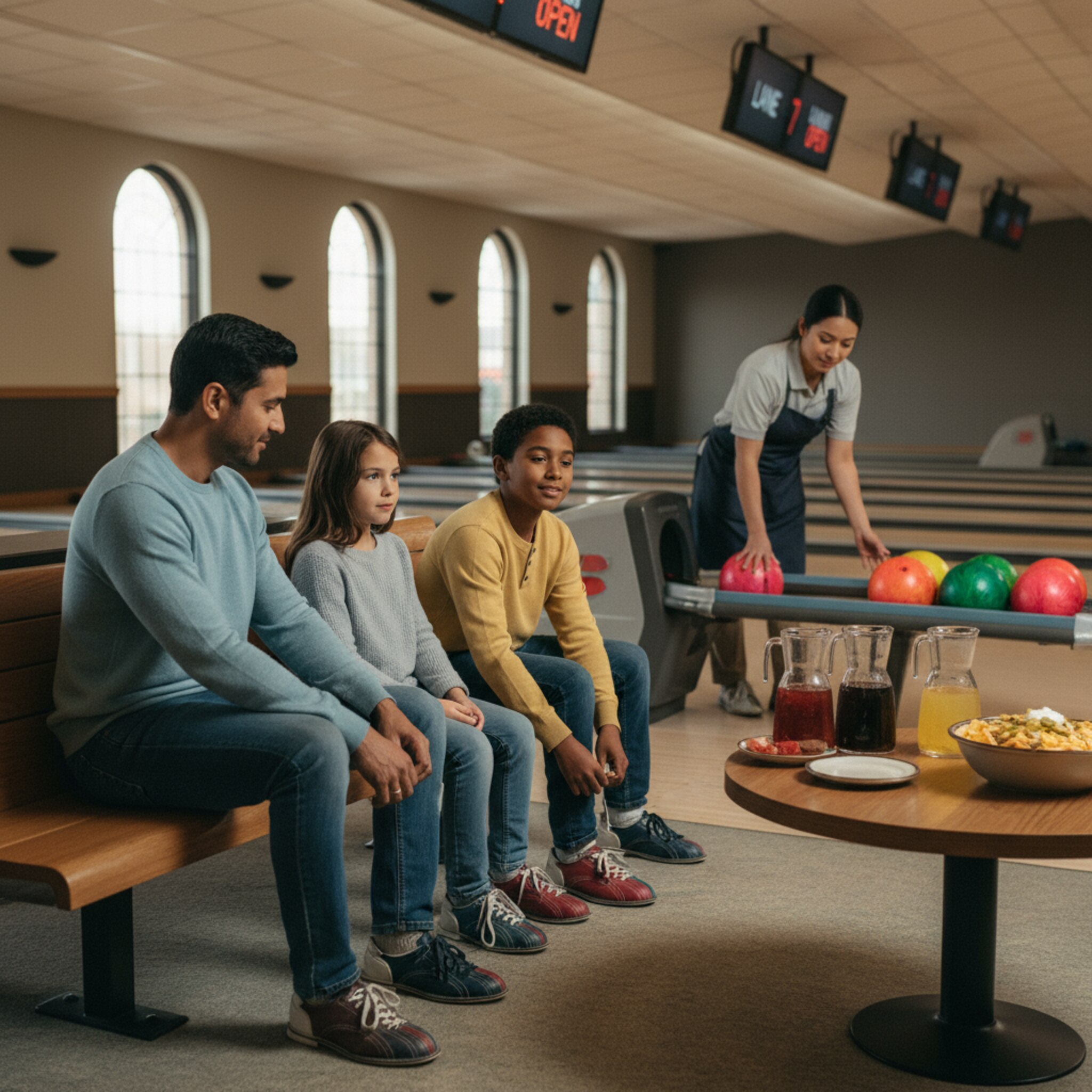 Familie schnürt Leihschuhe an einer Bank, während nebenan eine Bahn frei wird. Ein Mitarbeiter stellt seitliche Banden hoch und legt leichte Kugeln bereit. Auf dem Tisch warten Getränkekaraffen und Nachos. Die Szene wirkt ruhig, gut organisiert und startbereit.