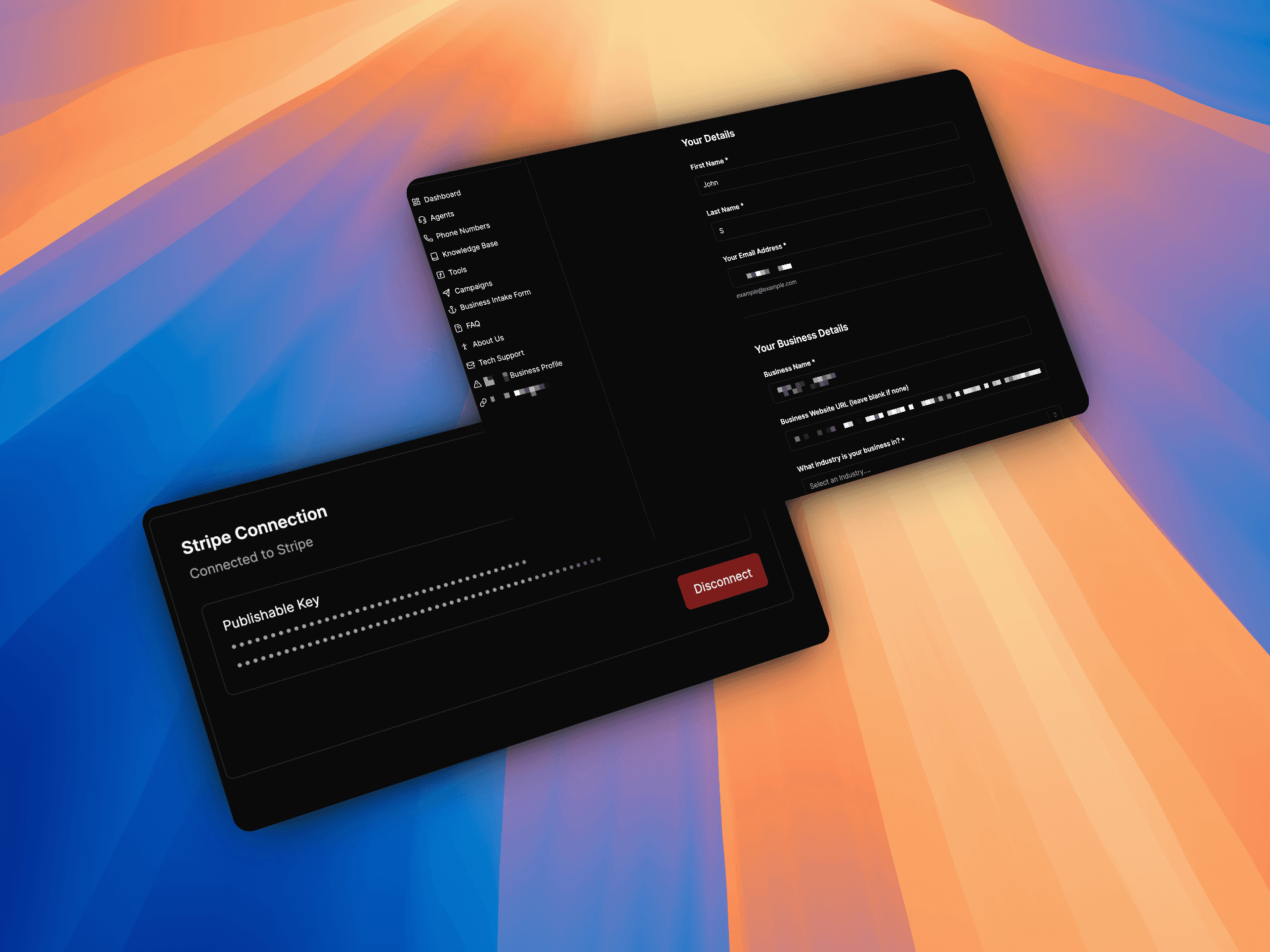 VoiceAIWrapper white label AI SaaS platform showing Stripe payment integration and automated client onboarding forms. | voiceaiwrapper.