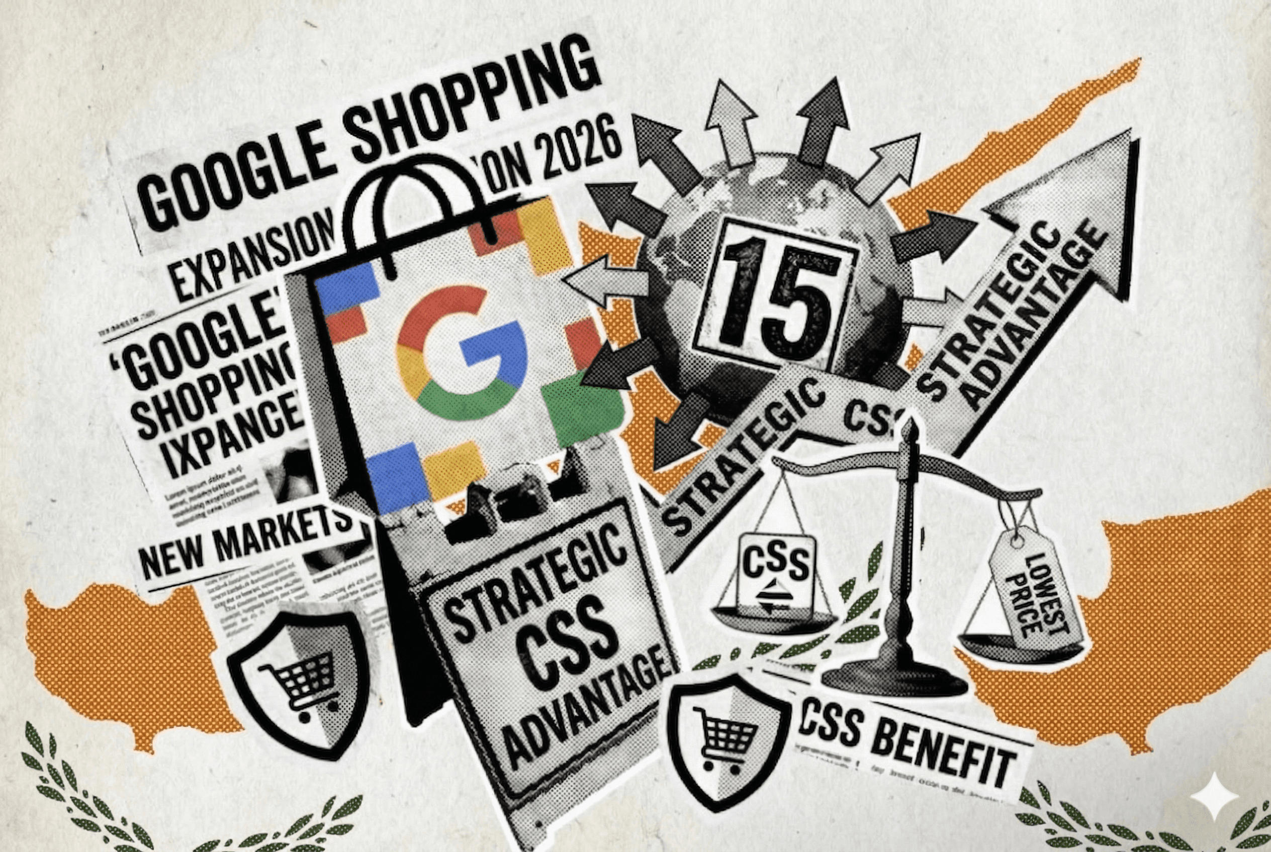 Google Shopping will be launched in Cyprus. The picture shows the advantages of Google CSS and the flag of Cyprus.