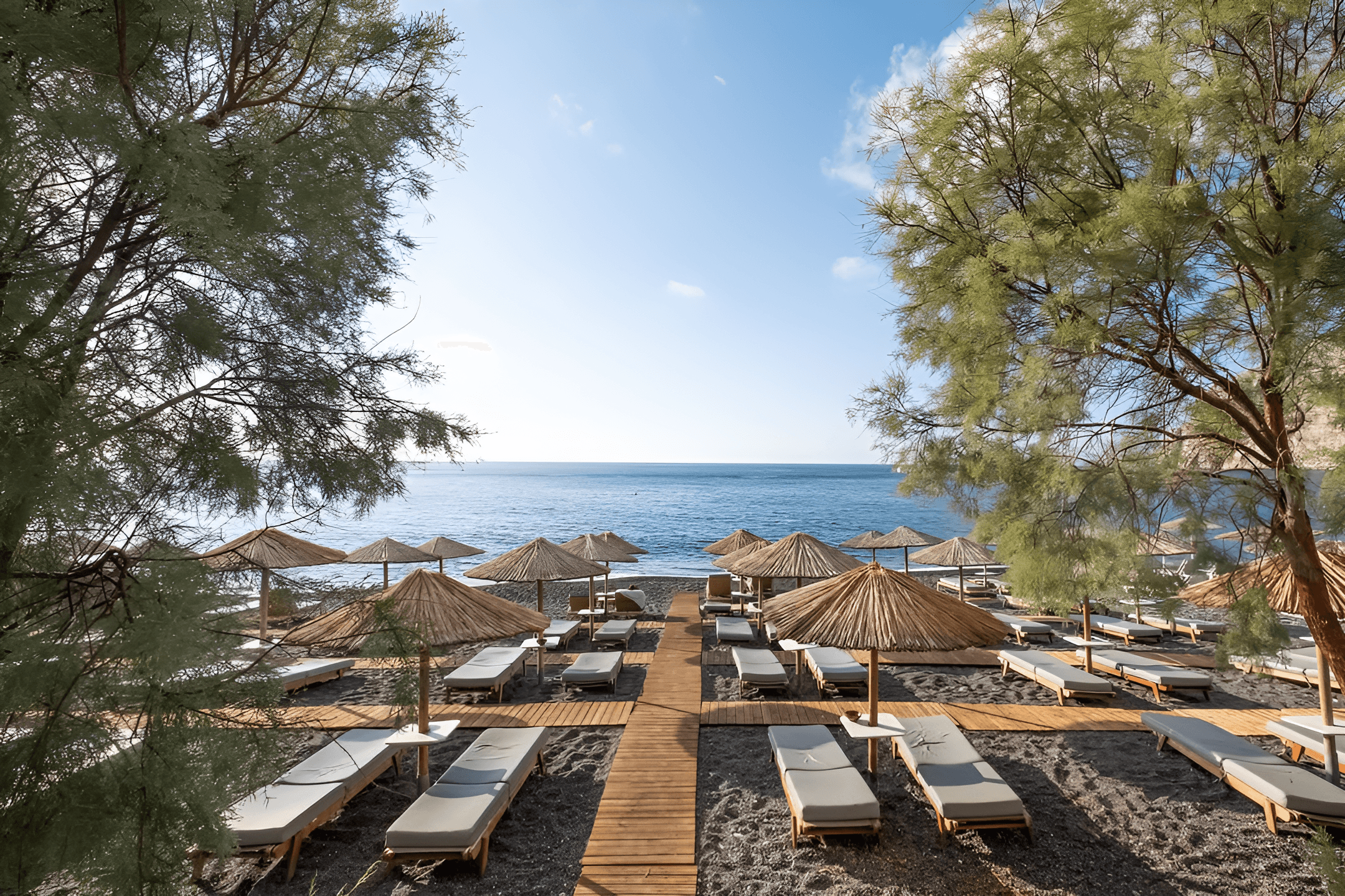 umbrelas on kamari beach in santorini