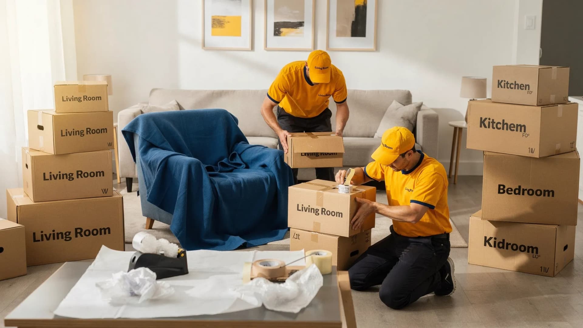 Professional movers packing a living room: labeled cardboard boxes, packing paper on a table, one mover taping a box while another wraps a chair with moving blankets, with a clean walkway and organized piles by room.