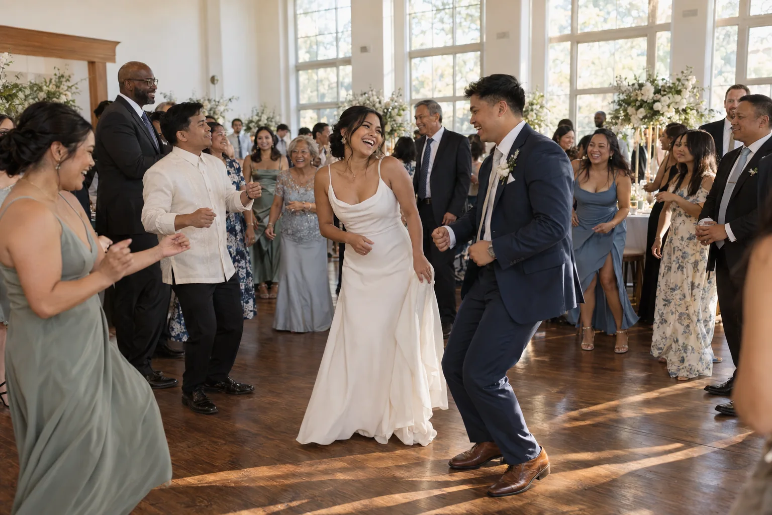 Wedding reception concept with newlyweds and guests dancing in a sunlit room.
