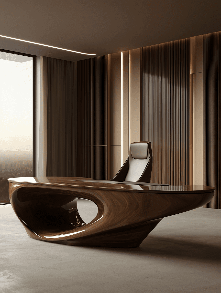 Sophisticated hotel executive suite with dark  wooden interiors, premium work desk, elegant  chair and warm ambient lighting at Aurevil