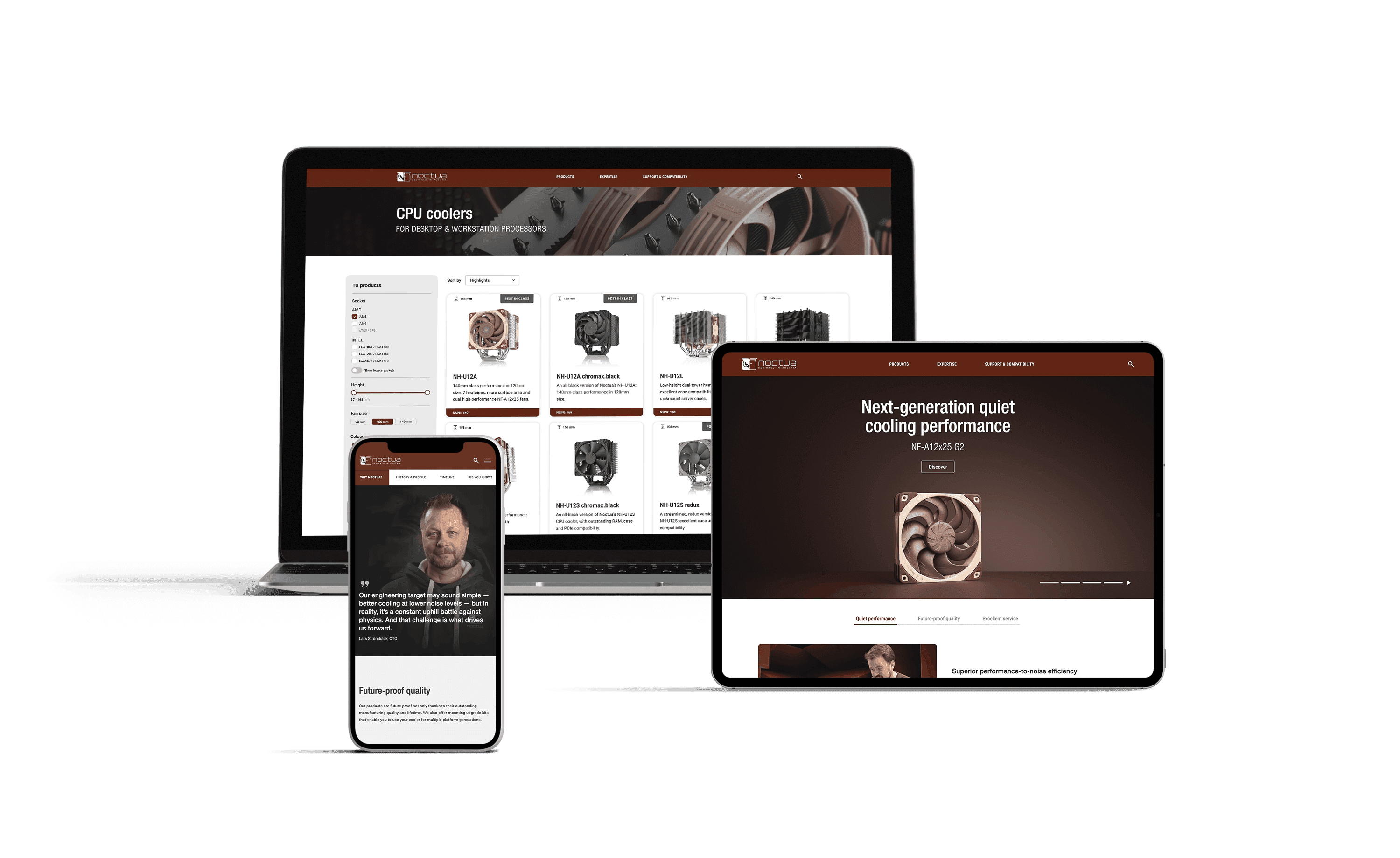 Responsive Website-Mockups von noctua.at mit Desktop-, Tablet- und Smartphone-Ansicht der Produkt- und Landingpages