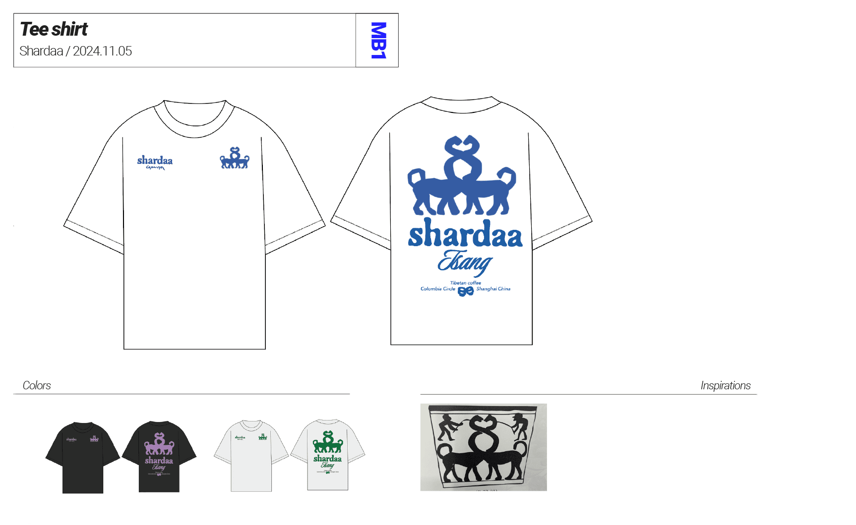 Design sheet showing front and back proposals for Shardaa streetwear T-shirts with custom graphic prints.