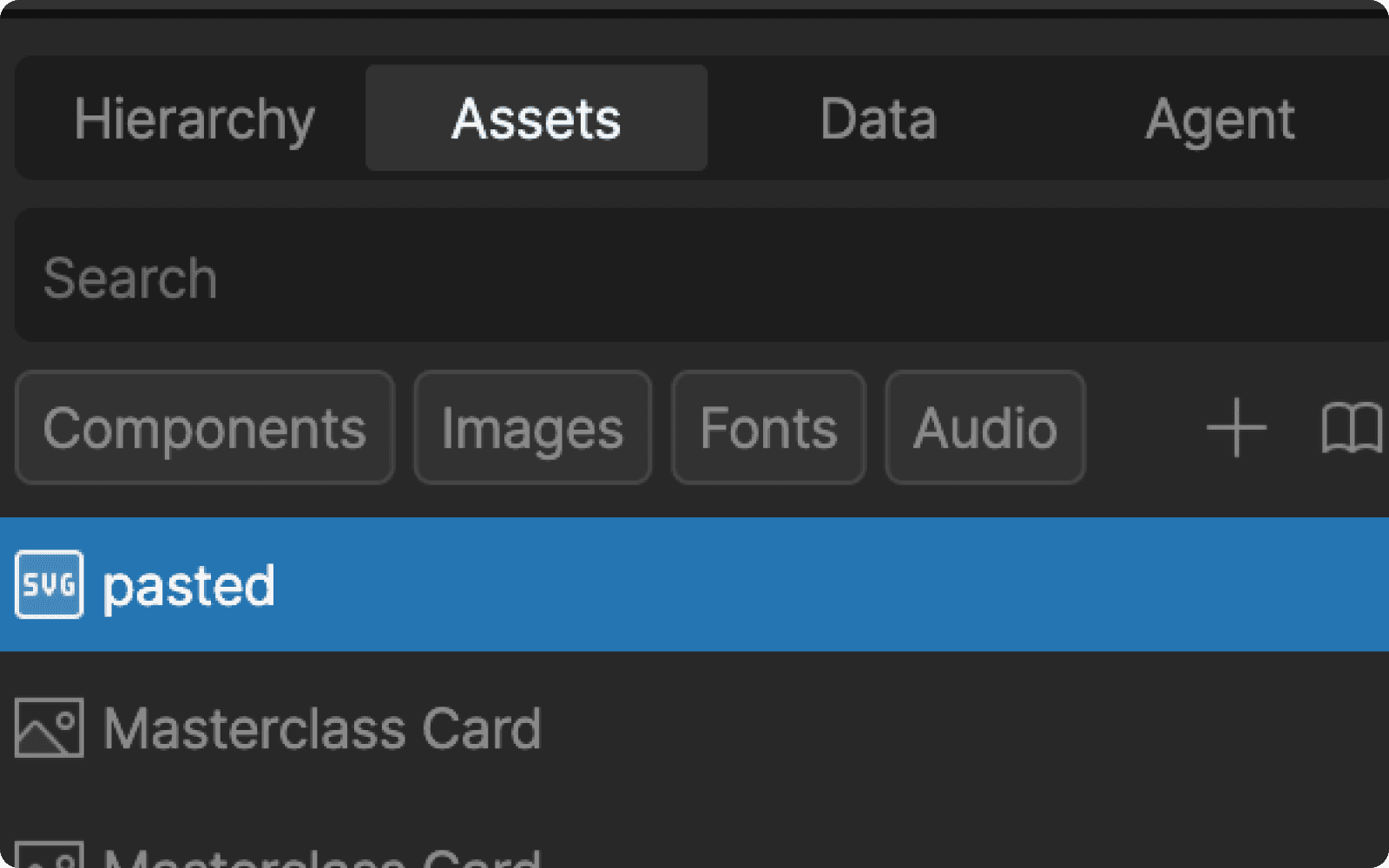 Rive Assets panel showing an SVG just pasted from Figma, ready to drag onto the canvas