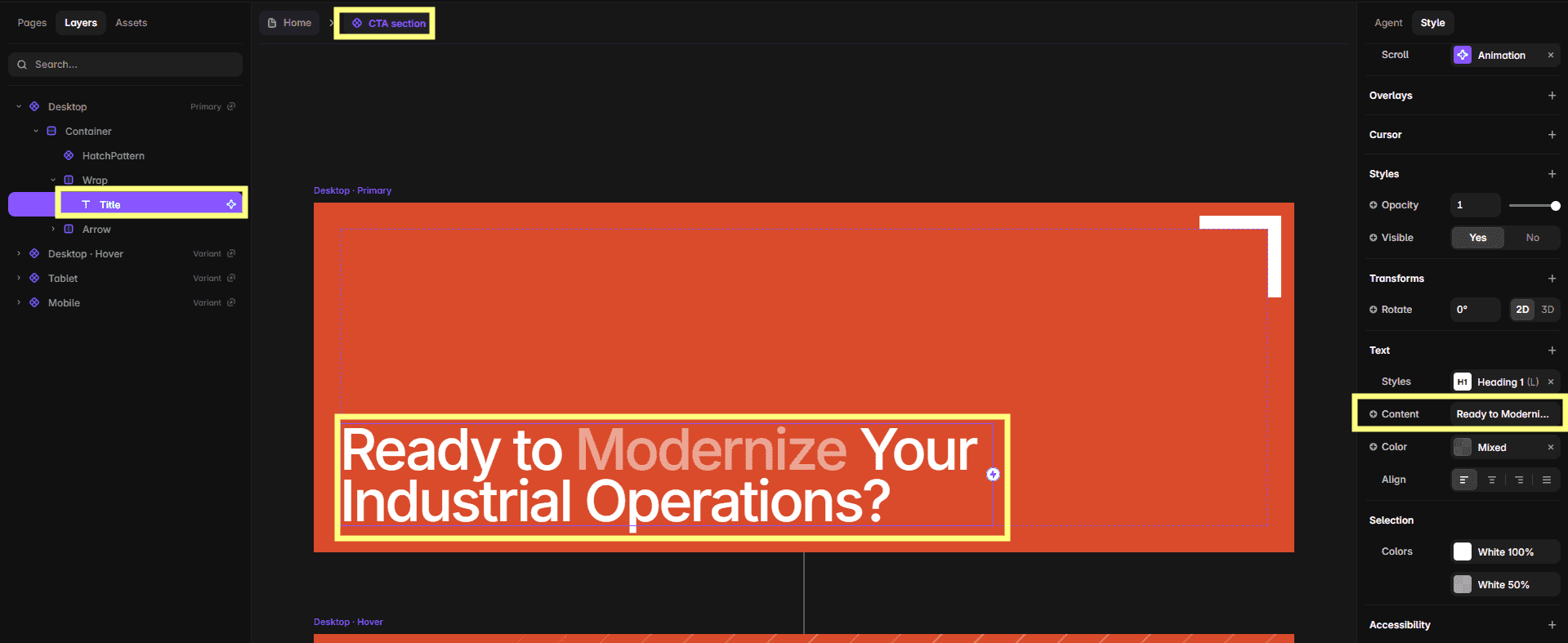 Editing CTA text and link settings in Tilanium