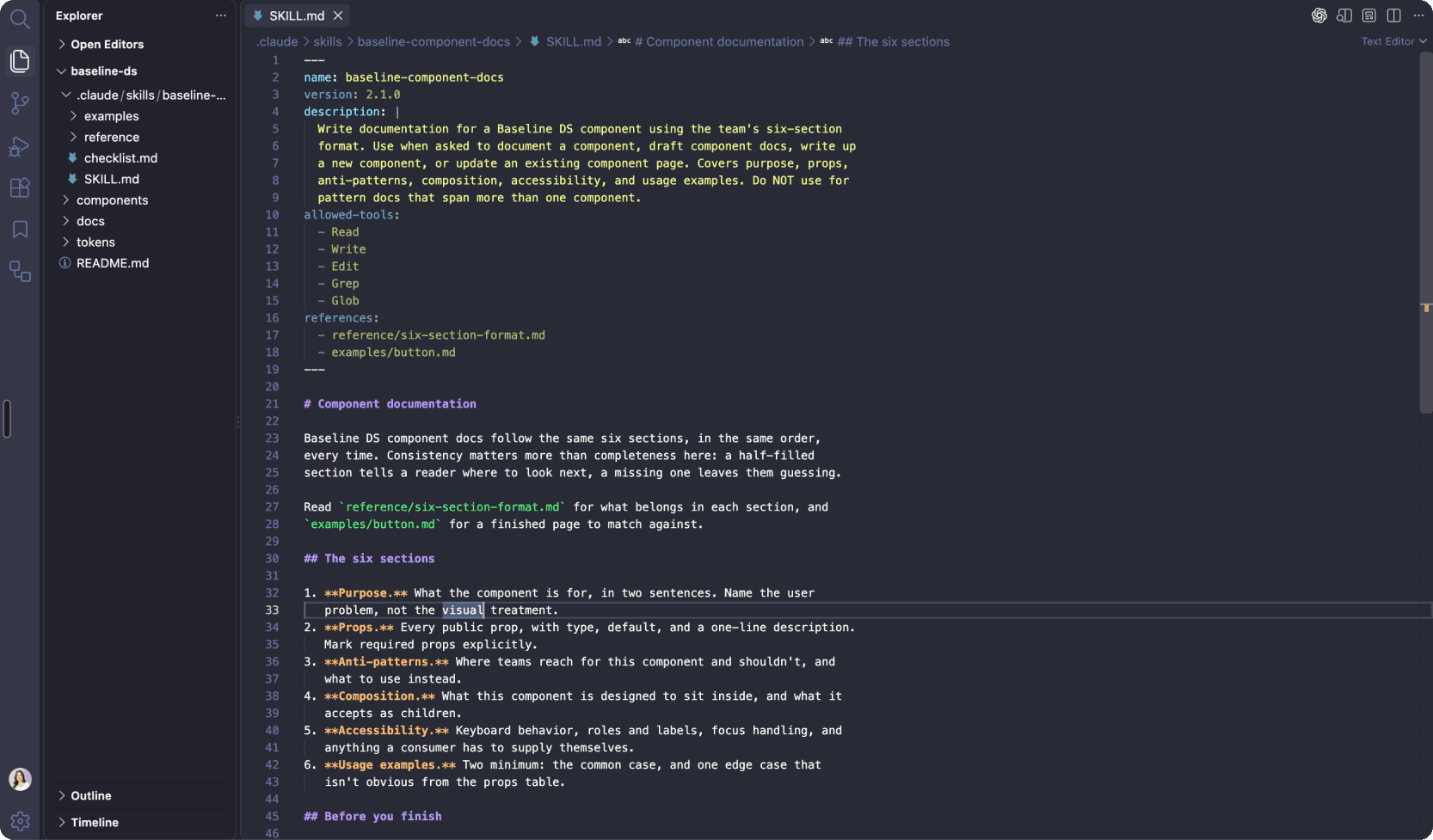 A code editor showing the baseline-ds repo. The file tree includes a component-docs skill folder containing SKILL.md, a checklist, and reference and examples folders, alongside the usual tokens, components and docs folders. SKILL.md is open, showing its name, version, description and allowed-tools fields.