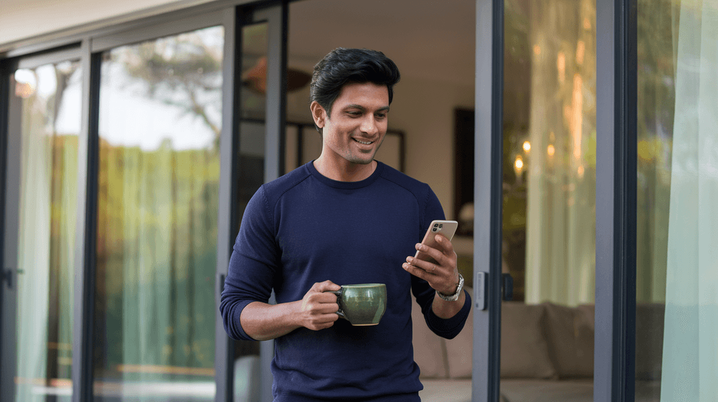 A man using Quicko on his phone to manage taxes while enjoying morning coffee