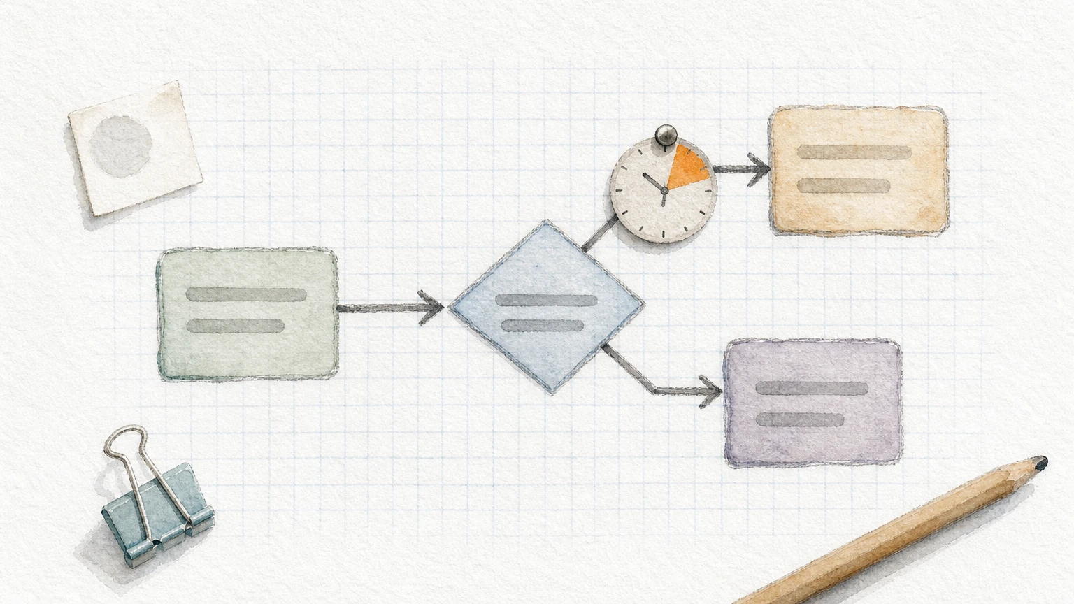 A sheet of graph paper showing boxes linked by arrows, a diamond split, and a paper clock pinned to one arrow.