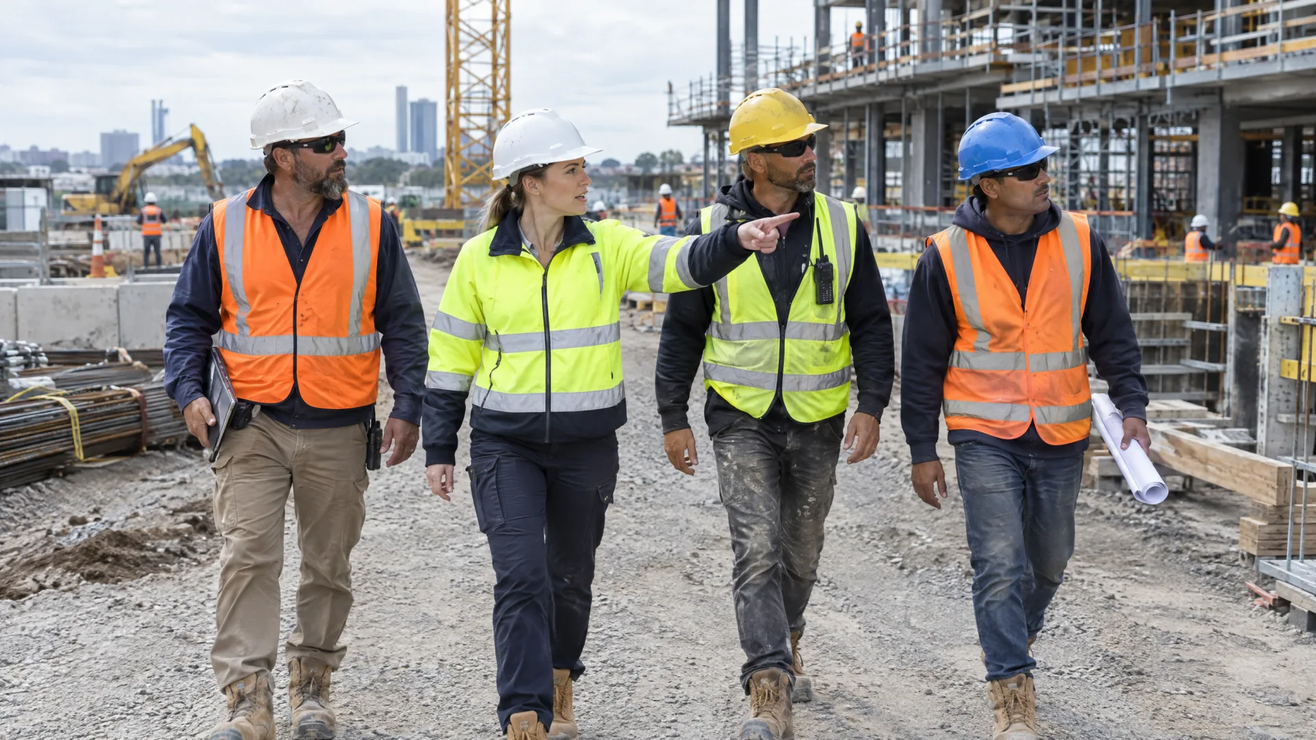 Principal contractor's site manager walking the site with subcontractor foremen to coordinate the next work area