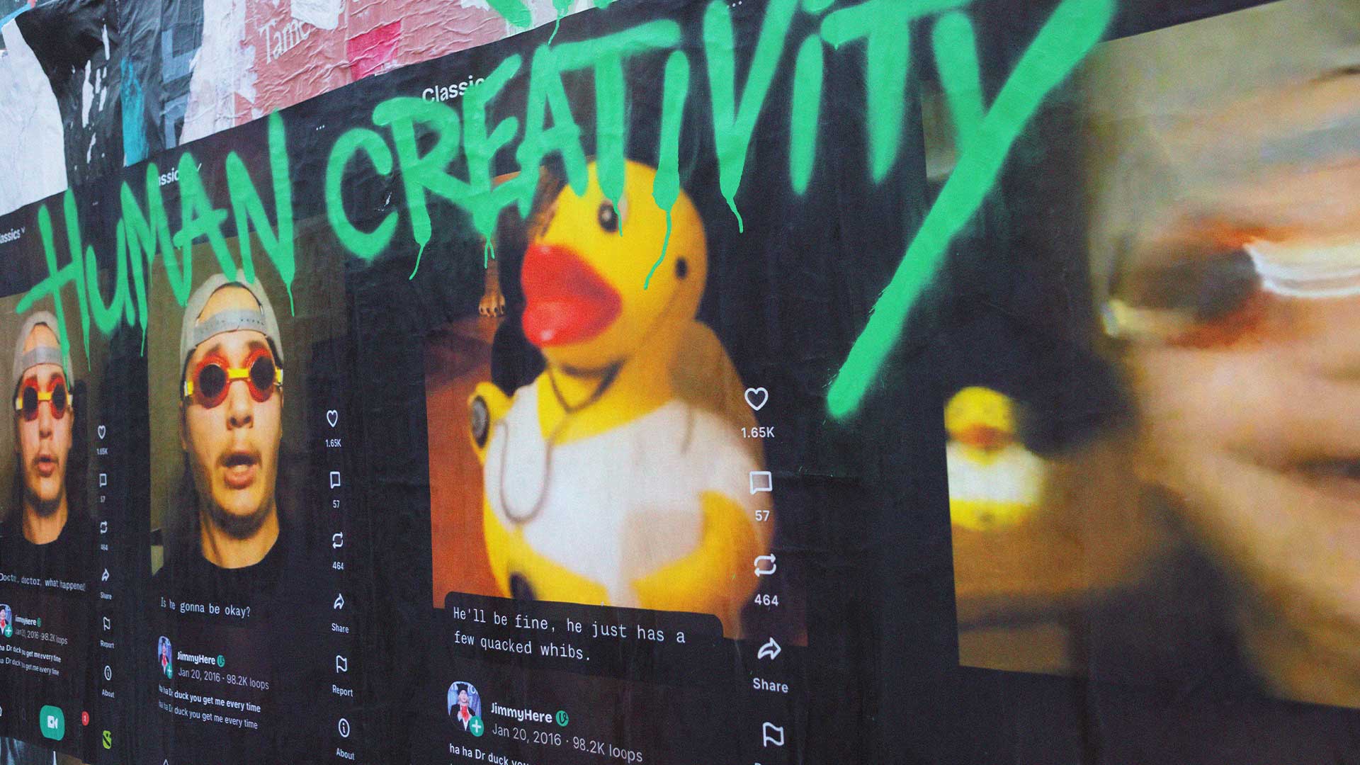 Divine wheatpaste installation with hand-painted Human Creativity message