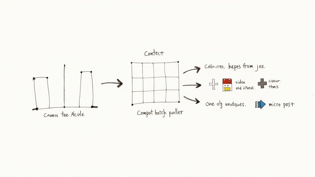 Hand-drawn diagram illustrating a content generation process, from initial concepts to various media outputs like video and micro-posts.