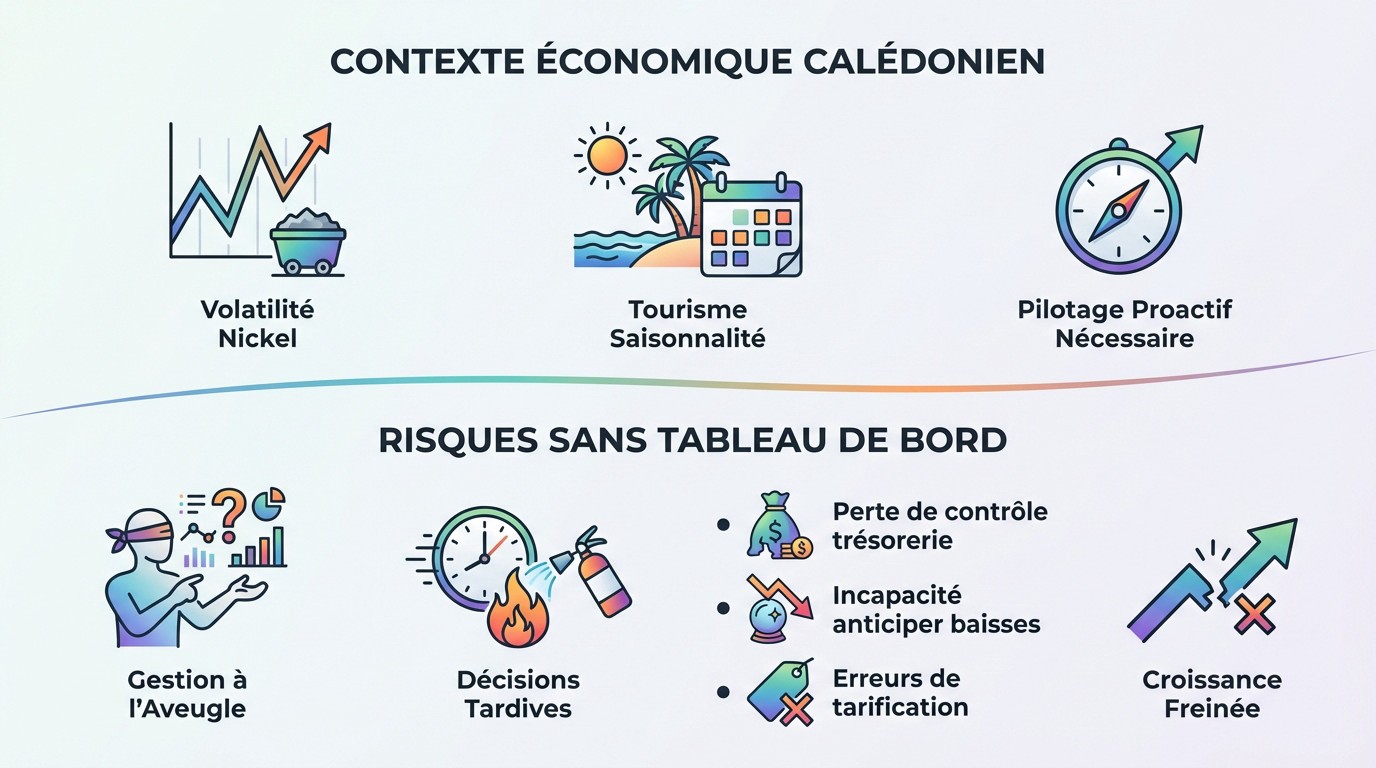 Infographie illustrant le contexte économique calédonien et les risques pour les PME