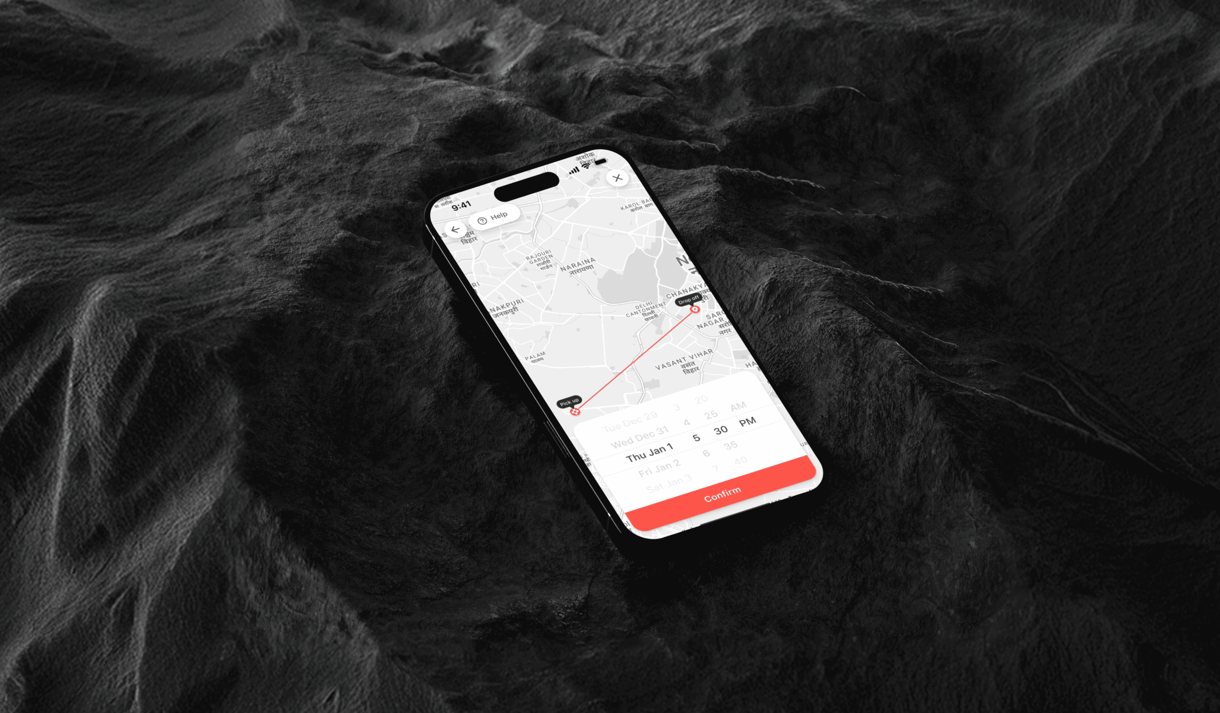 A smartphone displaying a ride-tracking interface rests on a textured black surface, framed by a warm gradient border. The screen shows a map with pickup and destination markers, a highlighted route, trip details, and a prominent "Confirm" button, showcasing a premium mobile app experience in a modern product mockup.