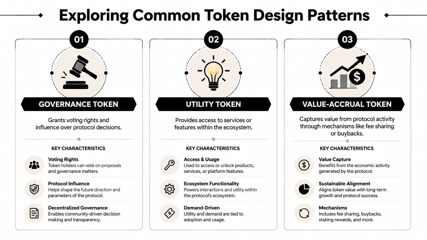 An infographic detailing common token design patterns including governance, utility, and value-accrual tokens in web3 ecosystems.