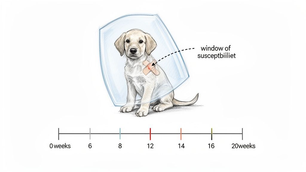 Illustration of a puppy within a protective shield, highlighting a timeline of susceptibility to disease.