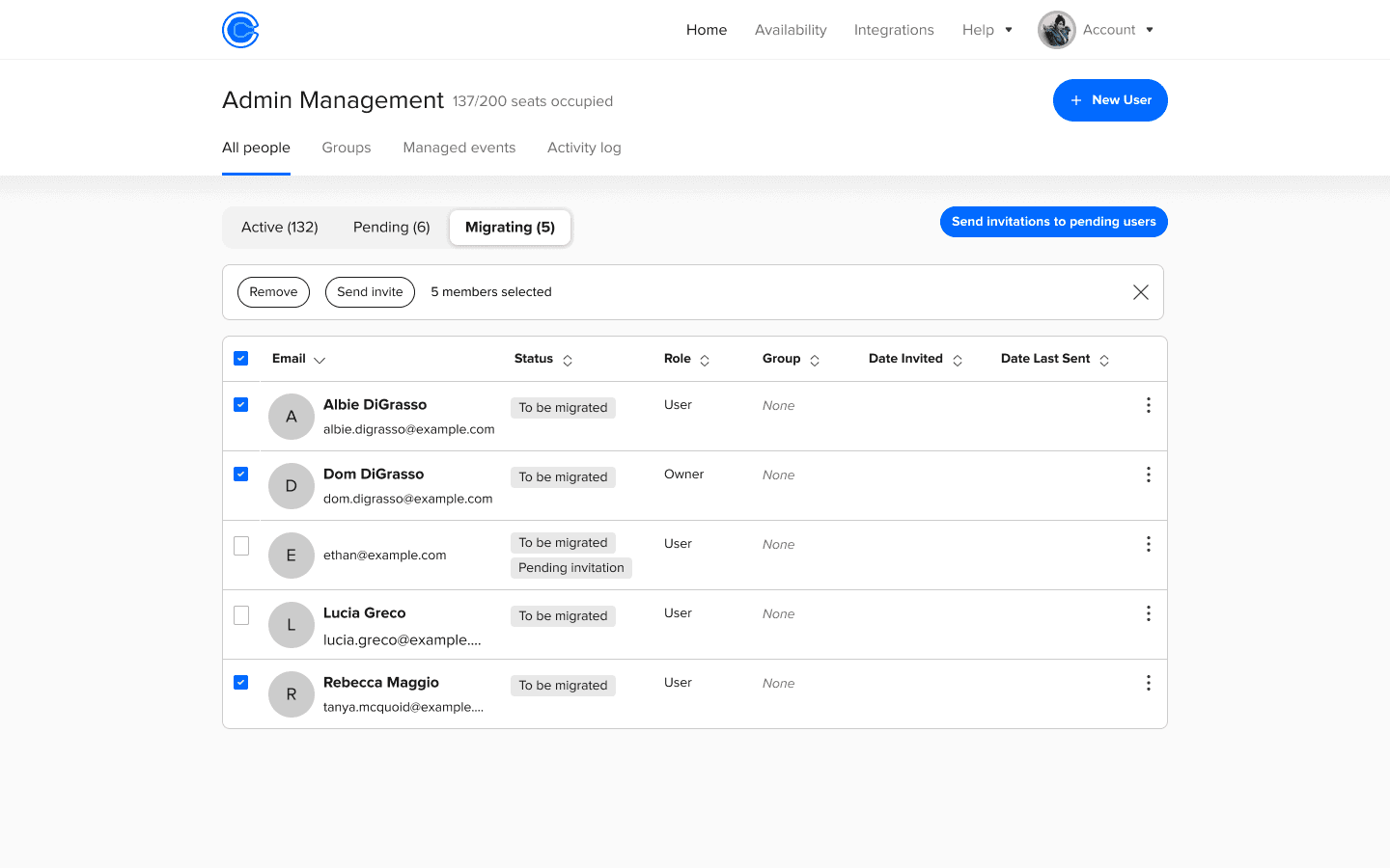 Step 2: An admin at the incoming migration's org manages the user migration. They can send the invite when ready, or force a migration at a scheduled point in time.