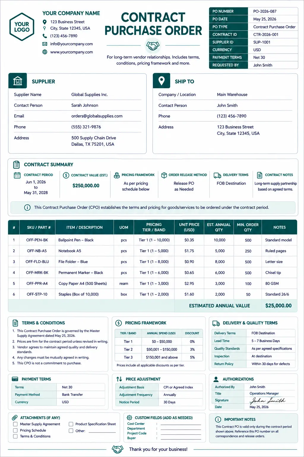 Shopify Contract Purchase Order Template