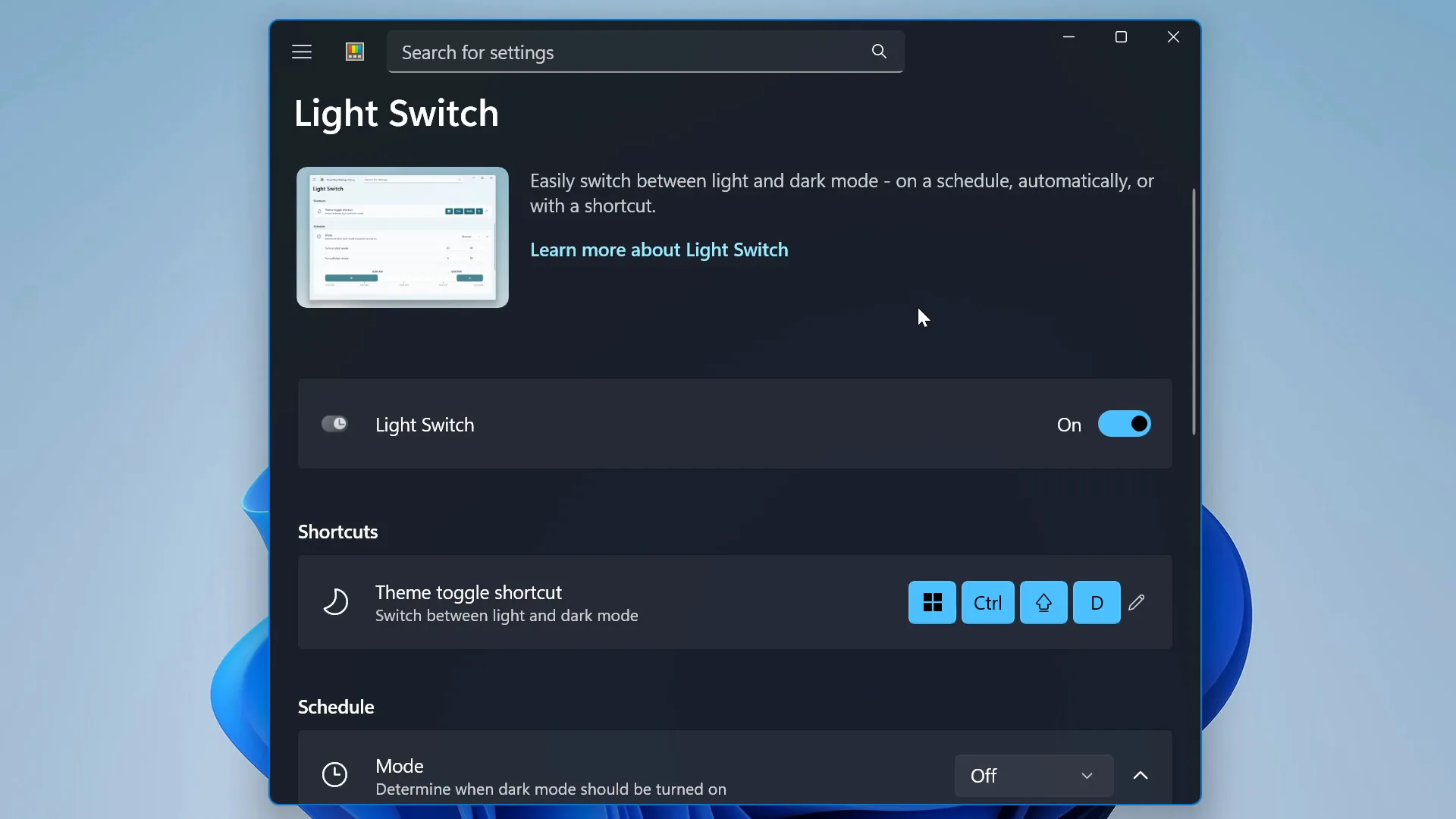 Light Switch scheduling automatic light/dark theme changes
