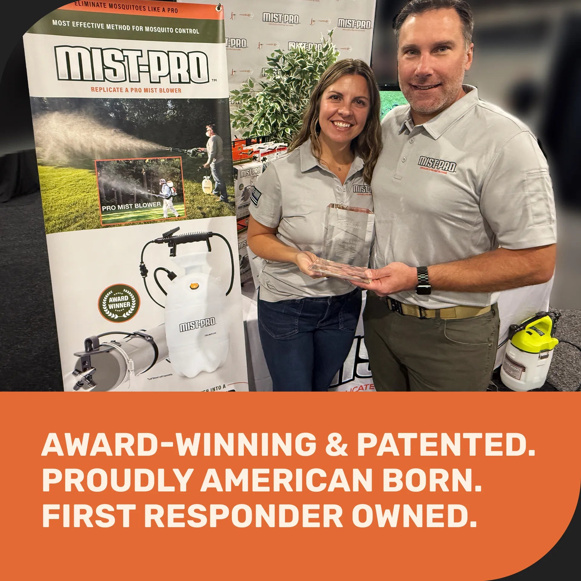 Two people holding a product with promotional text about 'MIST-PRO' on an orange background