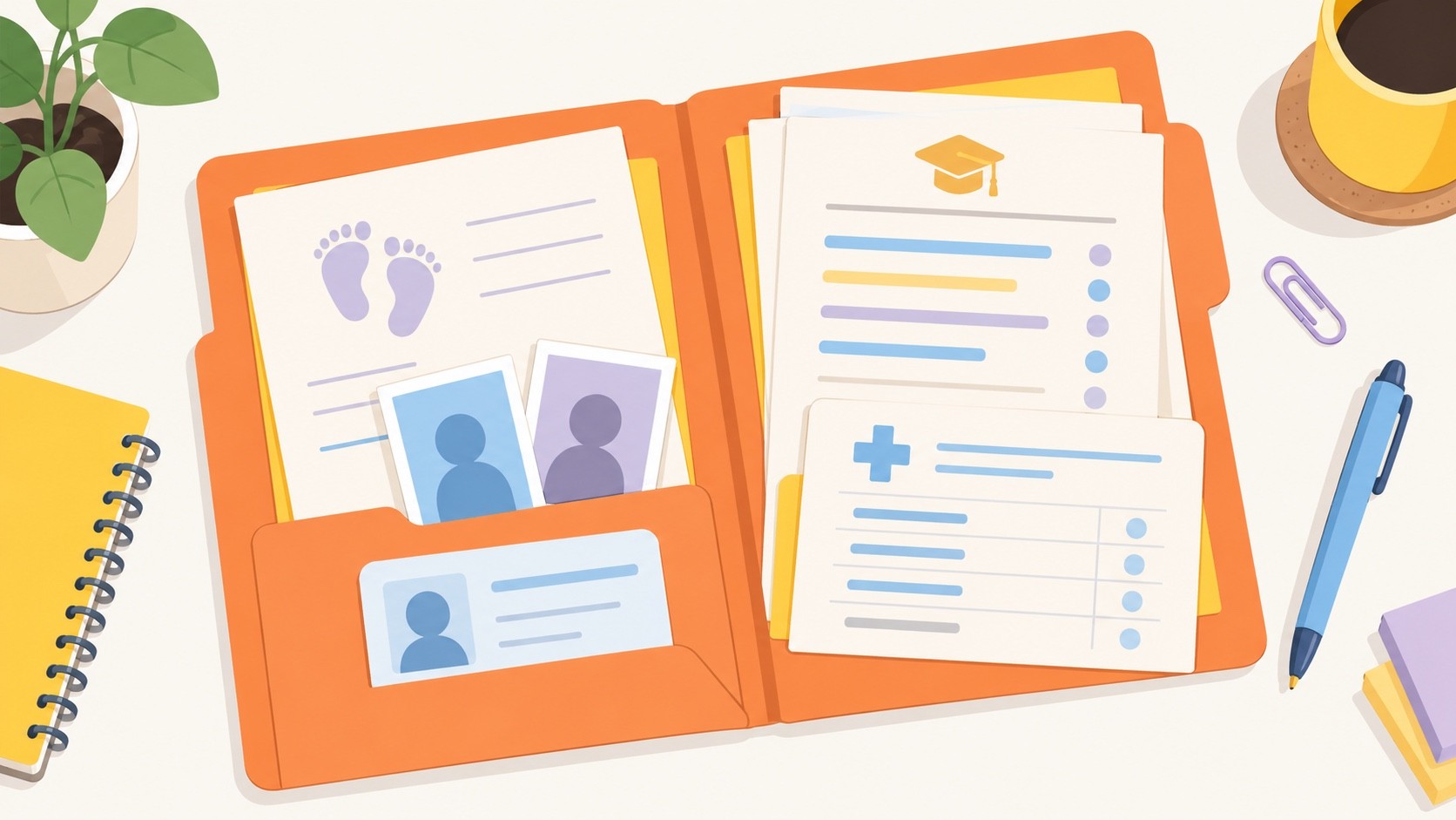Illustration of an organised application folder with symbolic birth, identity, school and health documents.