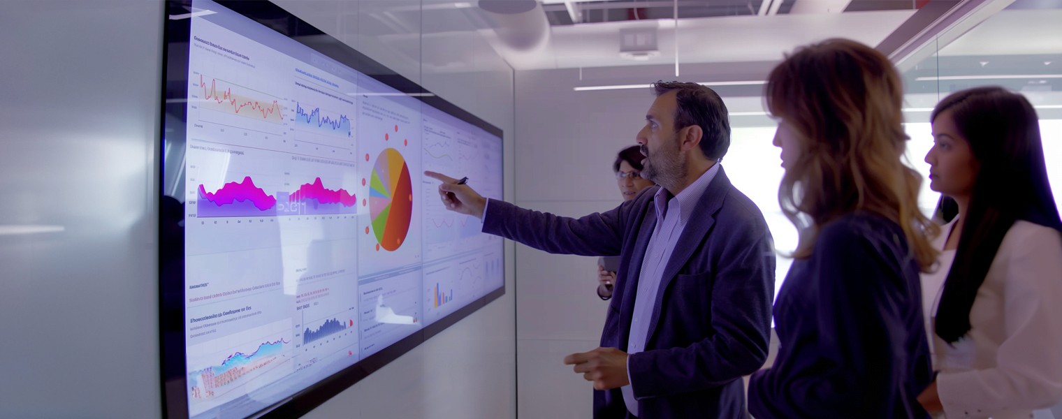 Members of a sales team examine GenAI-powered reports in a high-tech conference room.