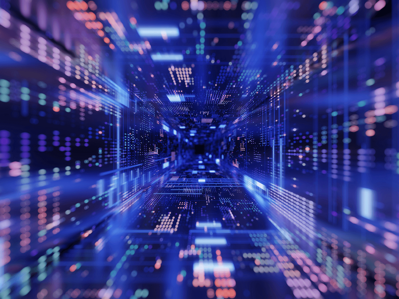 Futuristic tunnel with glowing data streams in blue and pink.