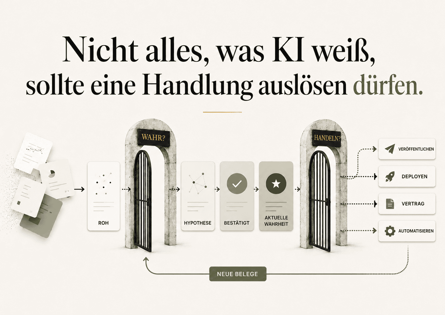 Schaubild, in dem KI-Rohoutput vor Veröffentlichung, Deployment, Vertrag oder Automatisierung Wahrheits- und Handlungsschranken durchläuft.
