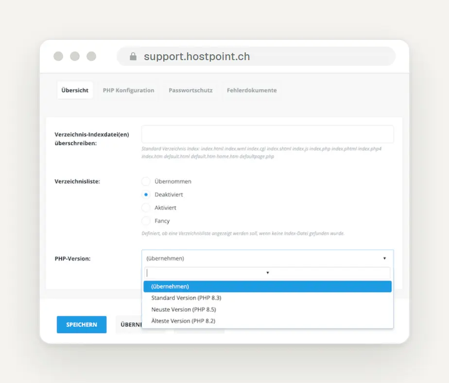 Hostpoint Control Panel, Web Settings: PHP versions, with 8.3 as the default, 8.5 as the latest, and 8.2 as the oldest