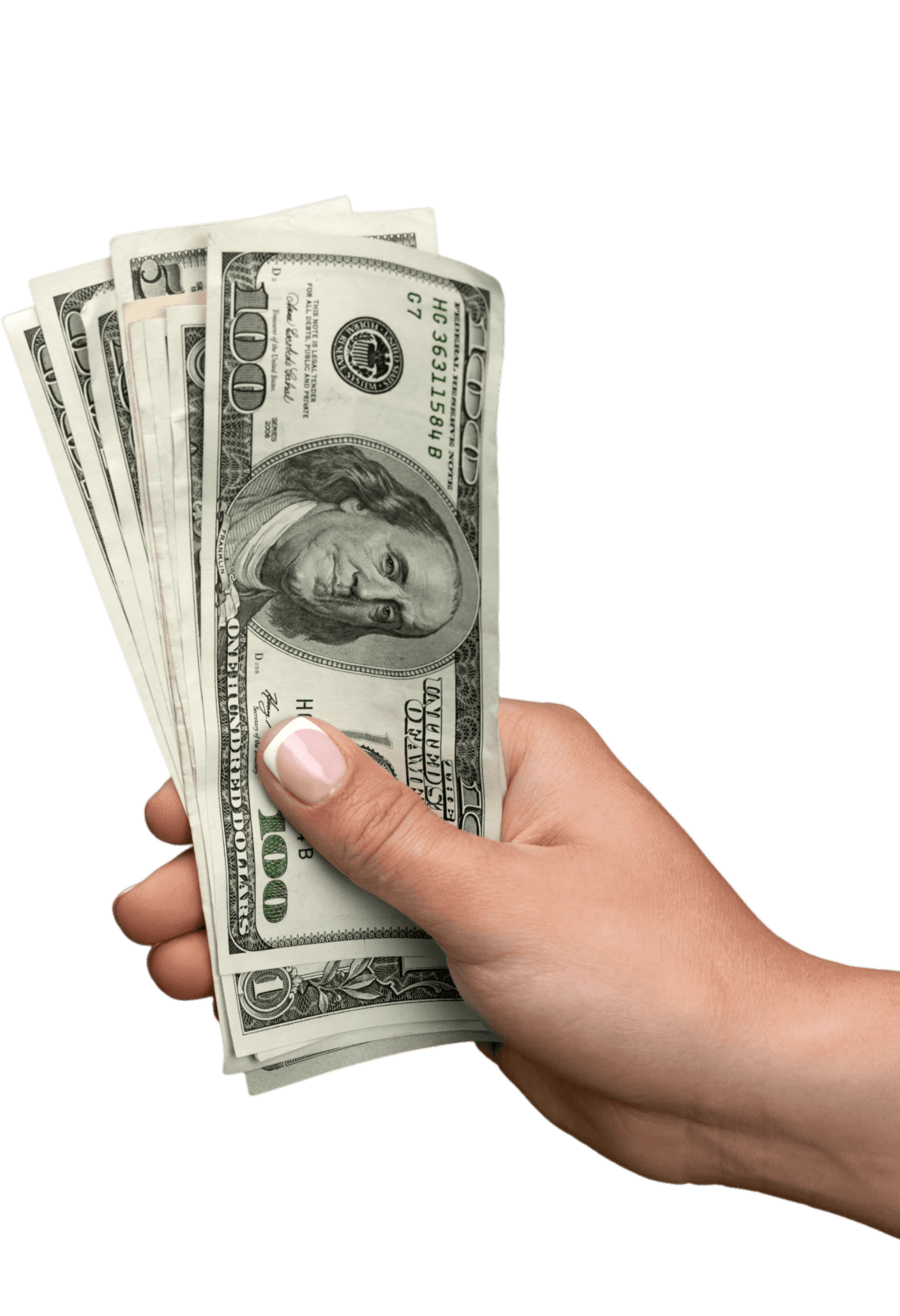 Hand holding a fan of US hundred dollar bills